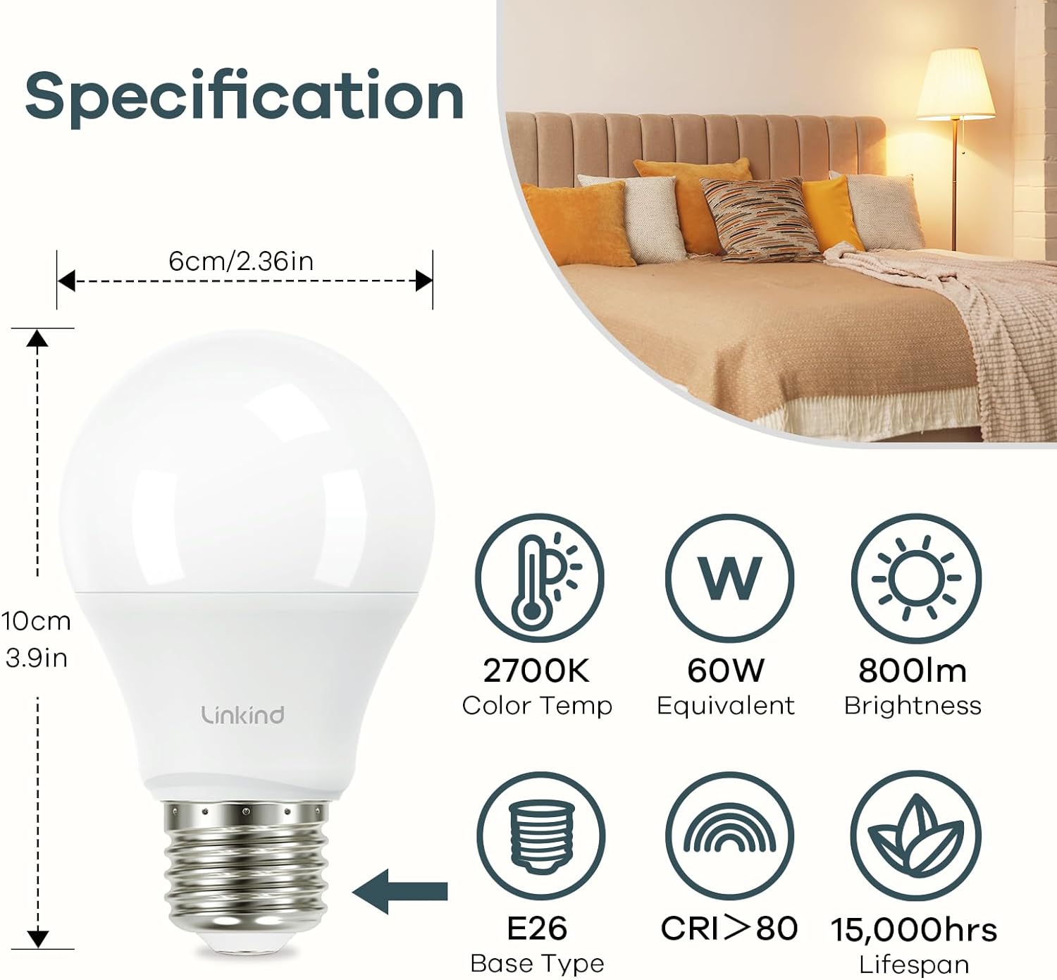 Linkind A19 LED Light Bulbs, 100 Watt Equivalent, 2700K Soft White 6 Packs