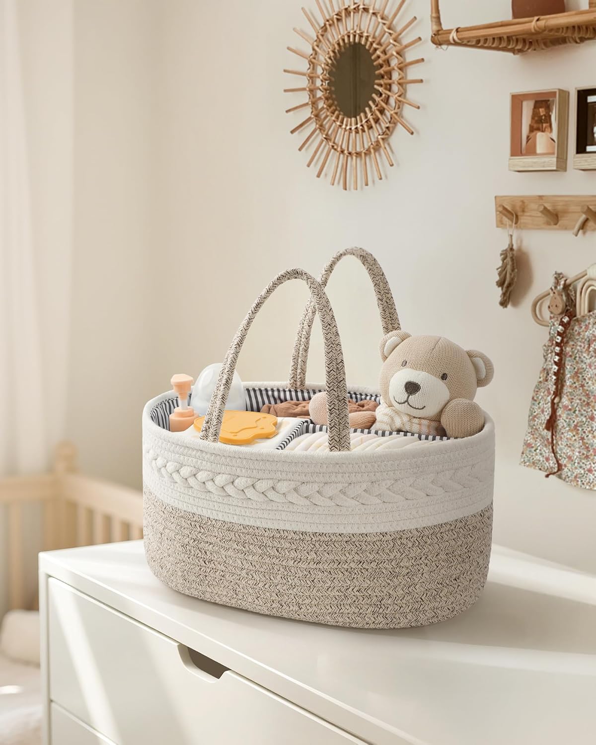 Maliton Diaper Caddy Organizer for Baby, Cotton Rope Baby Gift Basket, Portable Diaper Organizer for changing table, Nursery Storage Organizer