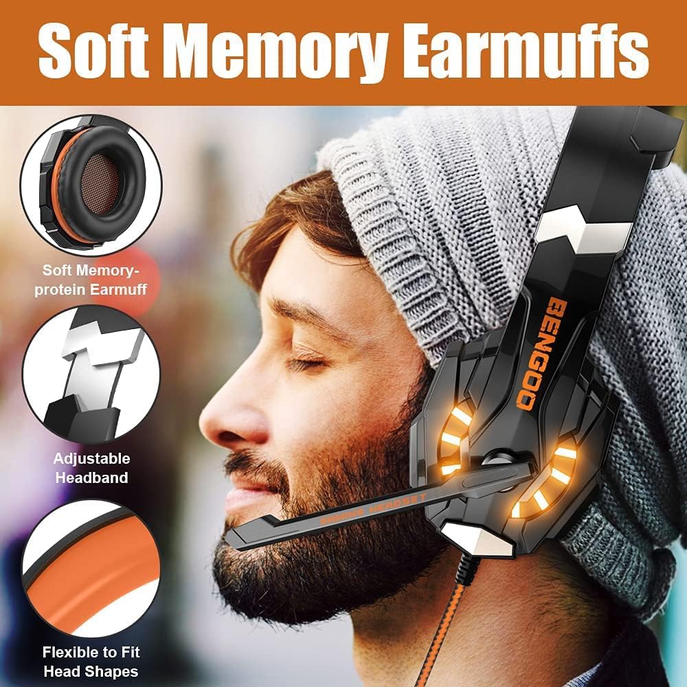 BENGOO G9000 Stereo Gaming Headset for PS4 PC Xbox One PS5 Controller, Noise Cancelling Over Ear Headphones with Mic, LED Light, 7.1 Surround Sound, Soft Memory Earmuffs for Nintendo Xbox Series X|S