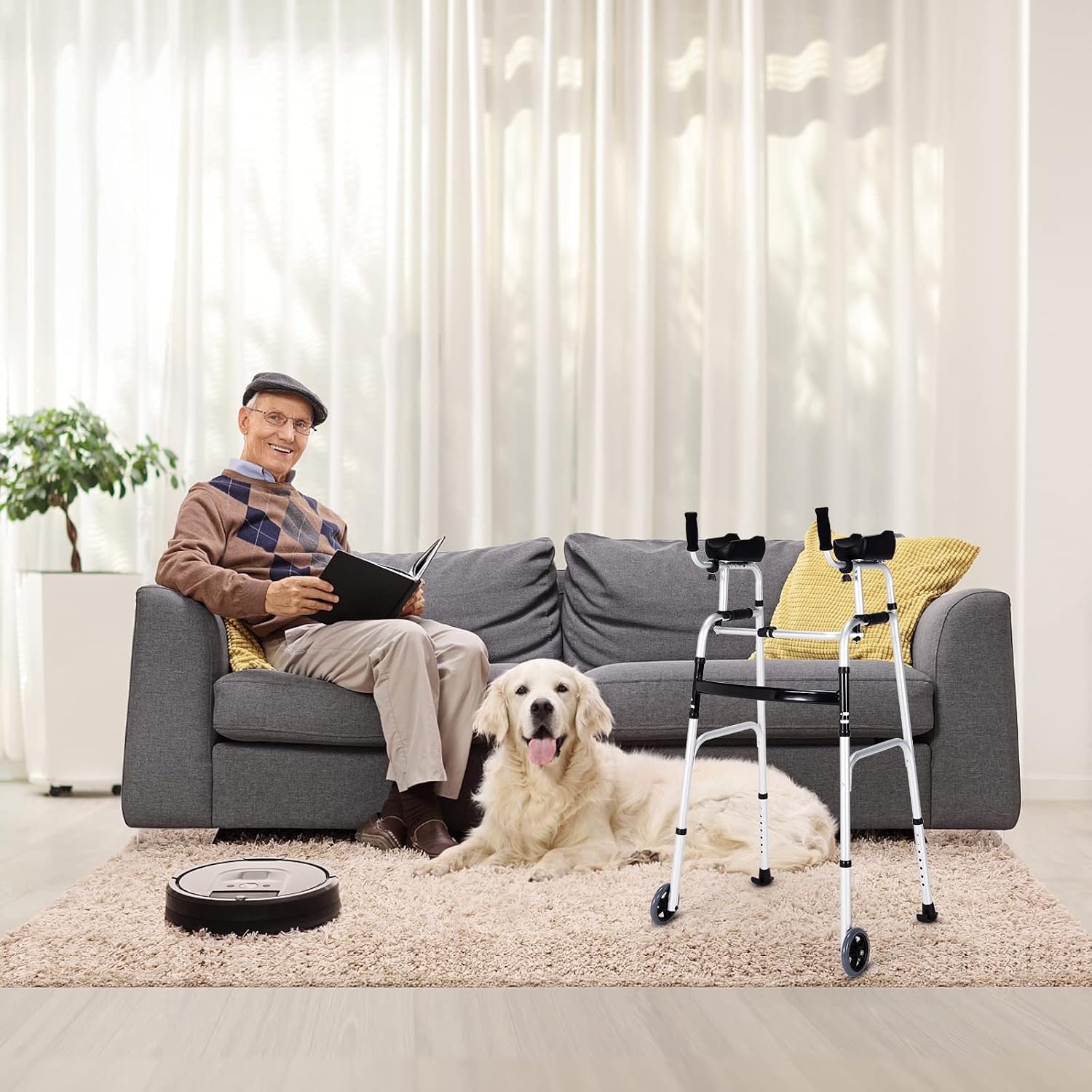Goplus Walkers for Seniors, Foldable Standard Walker with 5’’ Wheels and Removable Padded Armrests 220lbs, Lightweight Walking Mobility Aid