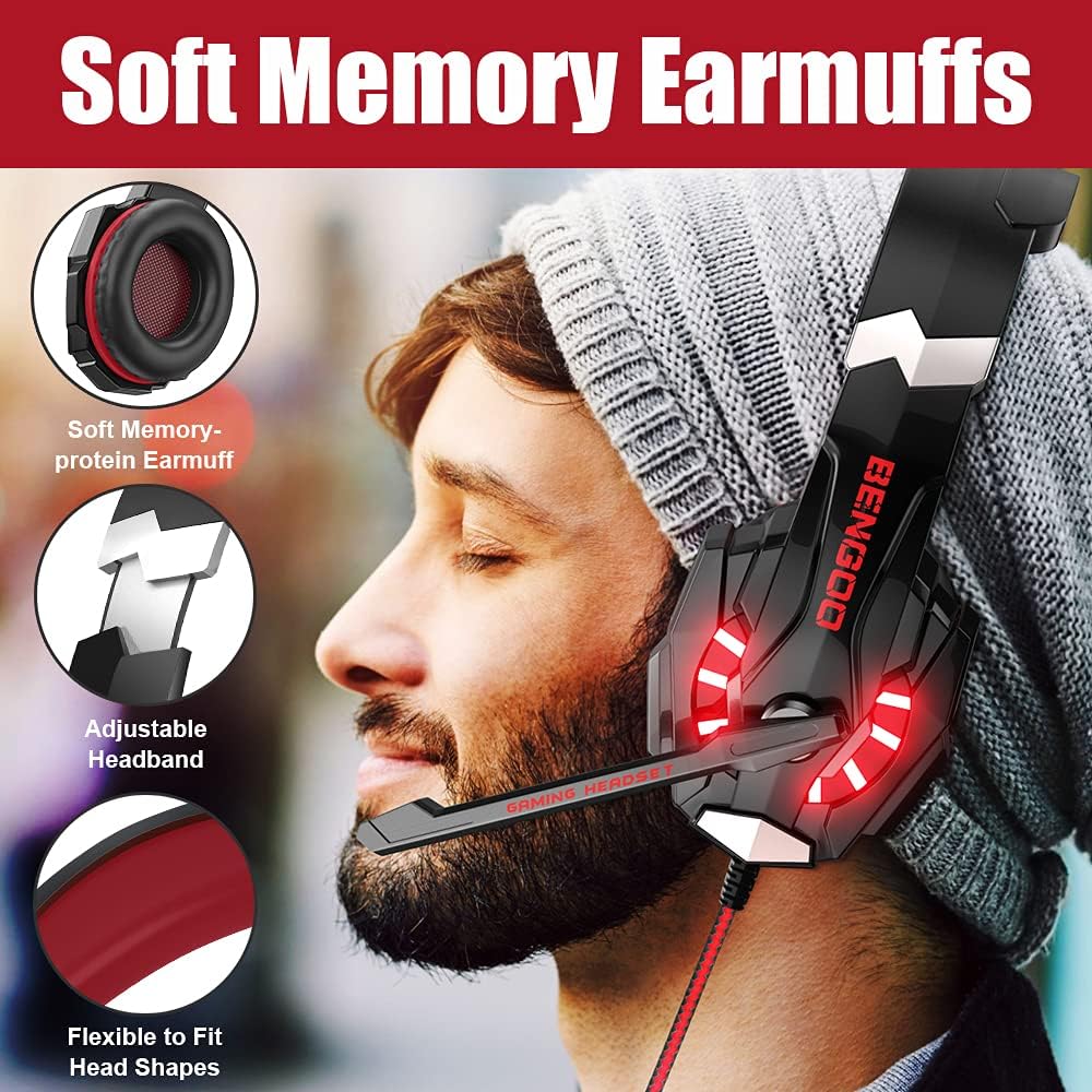 BENGOO G9000 Stereo Gaming Headset for PS4 PC Xbox One PS5 Controller, Noise Cancelling Over Ear Headphones with Mic, LED Light, 7.1 Surround Sound, Soft Memory Earmuffs for Nintendo Xbox Series X|S