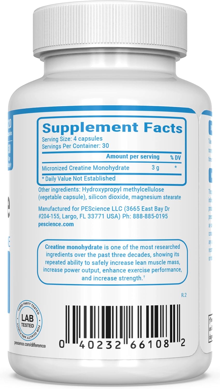 PEScience TruCreatine Creatine Monohydrate Pills, Creapure, 120 Capsules | Easy-To-Take Creapure Creatine Capsules, Monohydrate, For Men & Women