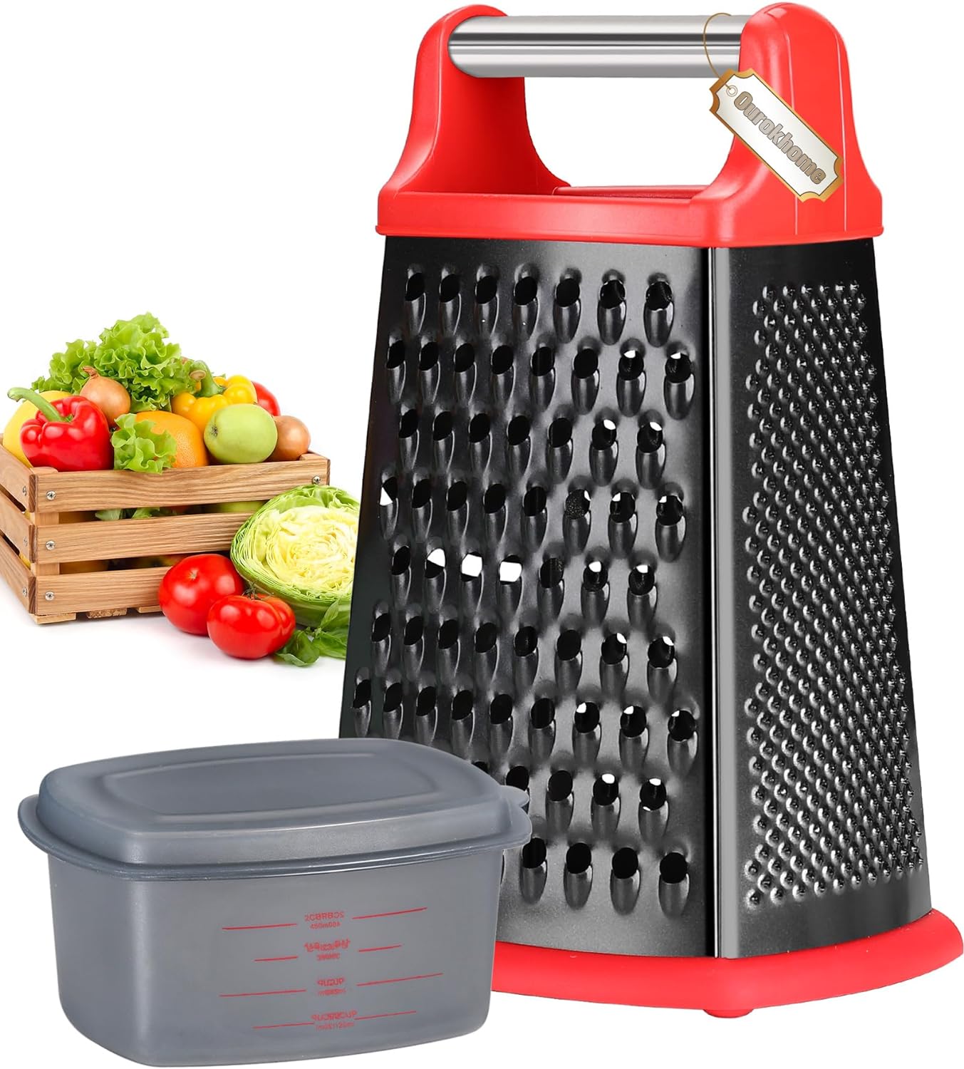 Ourokhome Cheese Grater with Handle, Stainless Steel Box Grater, 4 Side Kitchen Vegetable Shredder Slicer Zester with Container for Parmesan, Cabbage