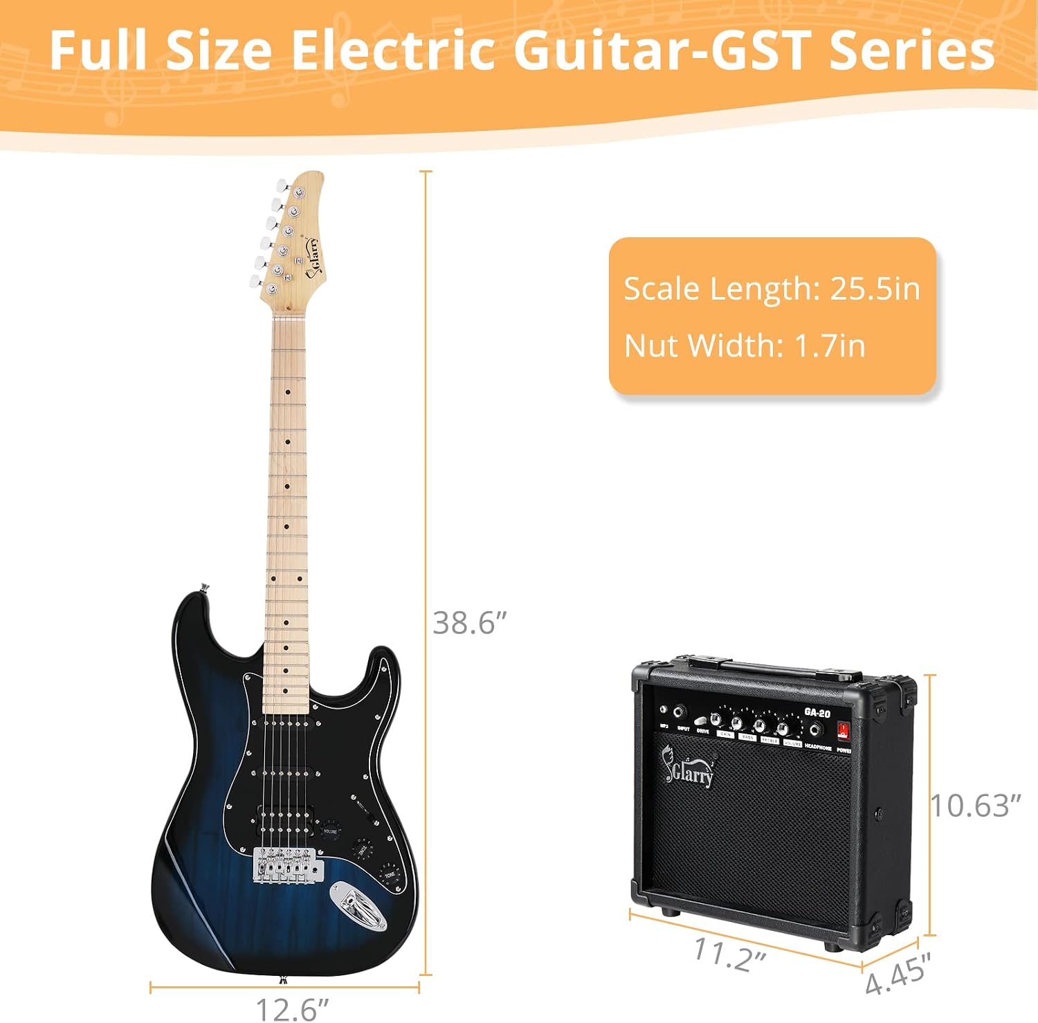 GLARRY 39" GST Series Electric Guitar Kit with Amp for Beginner Starter, HSS Pickups Full Size Guitar Included Digital Tuner, Strings, Picks