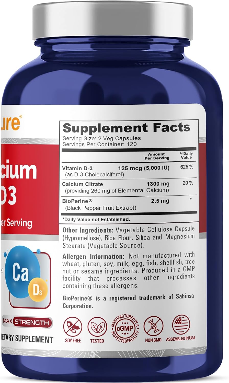 Super Calcium with Vitamin D3 Non GMO 1300 mg 240 Veg Capsules -120 Serves | Calcium Citrate Complex, Supports Nutritional Supplementation, Vegan