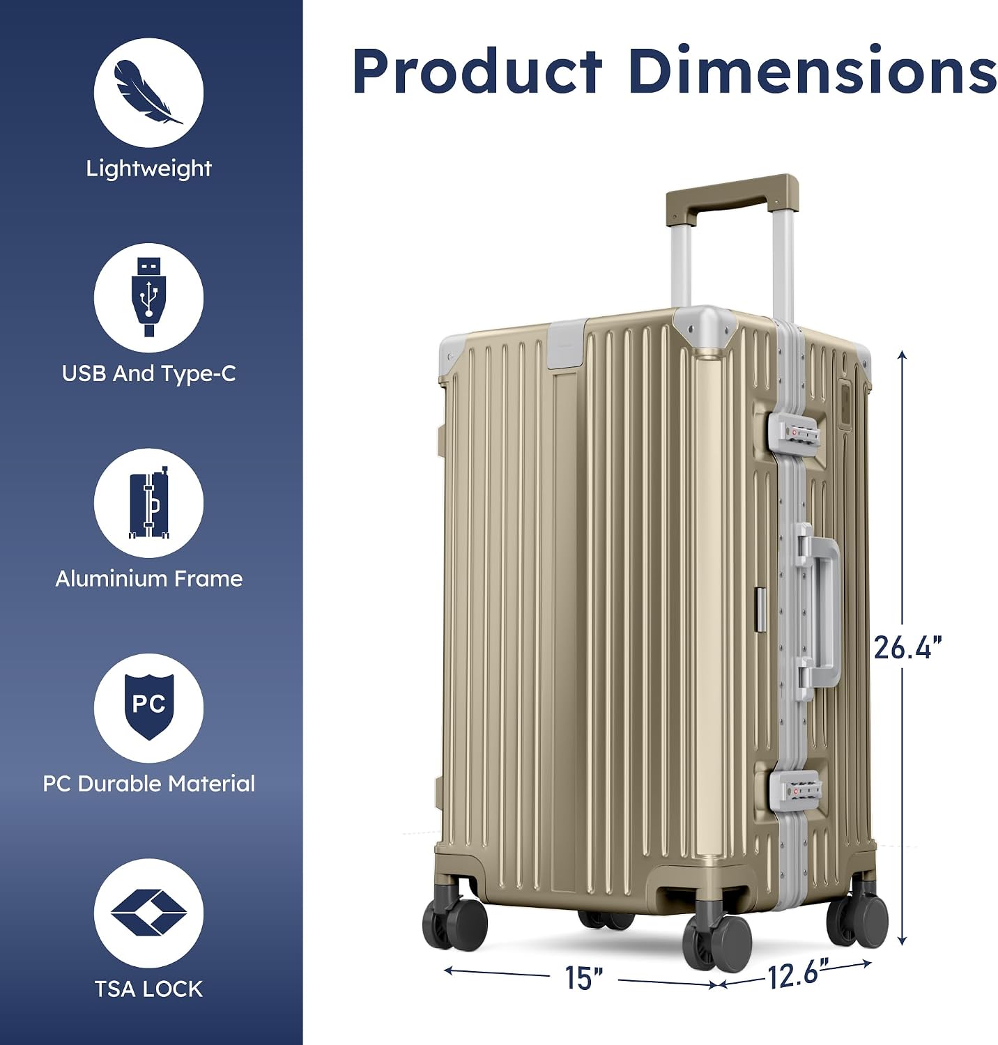 ALPHA CAMP Trunk Luggage 28 Inch with Aluminum Frame Zipperless Suitcase | Large Checked Thickened 3-Layer PC Hardside Luggage with TSA Lock,Charging Port,Cup Holder and Spinner Wheels for Travel