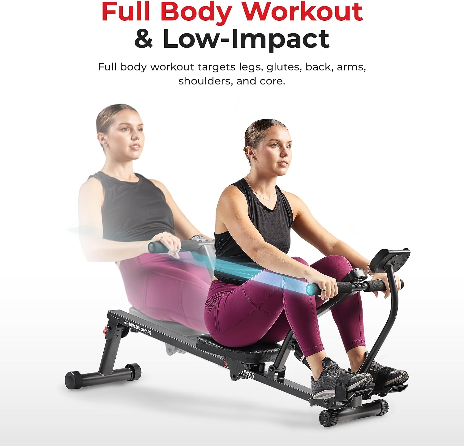 Sunny Health & Fitness Compact Hydraulic Rower with 12-Level Resistance | Full-Body Cardio, Joint-Friendly, Lightweight & Portable, Quiet & Smooth Ride, Easy-Assembly, Free SunnyFit App