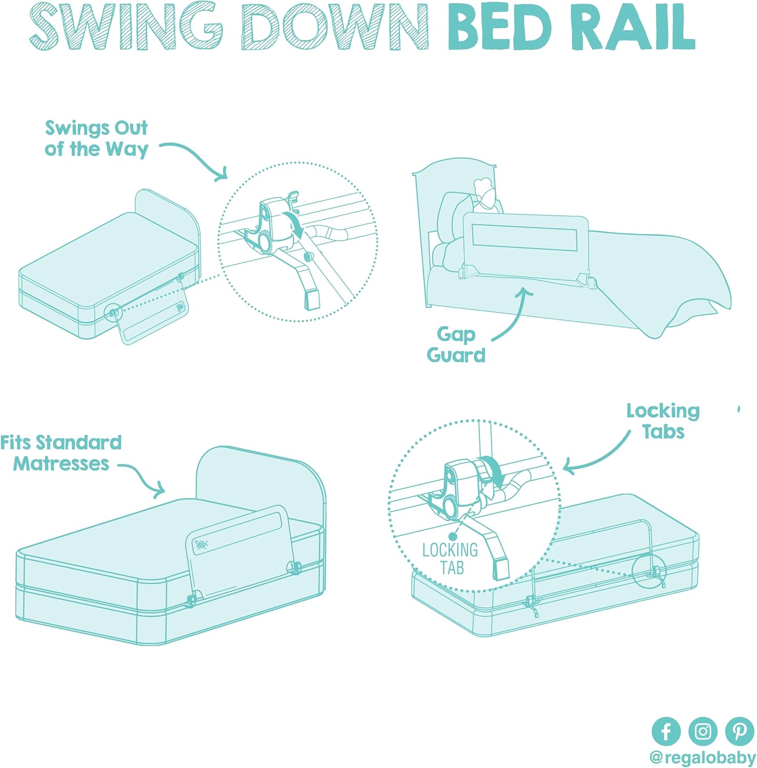 Regalo Safety 54” Extra Long Hideaway Bed Rail Guard for Toddlers, Toddler Bed Rail with Reinforced Anchor Safety System, 20” Tall Bed Safety Rail, Fits Twin, Full & Queen Beds