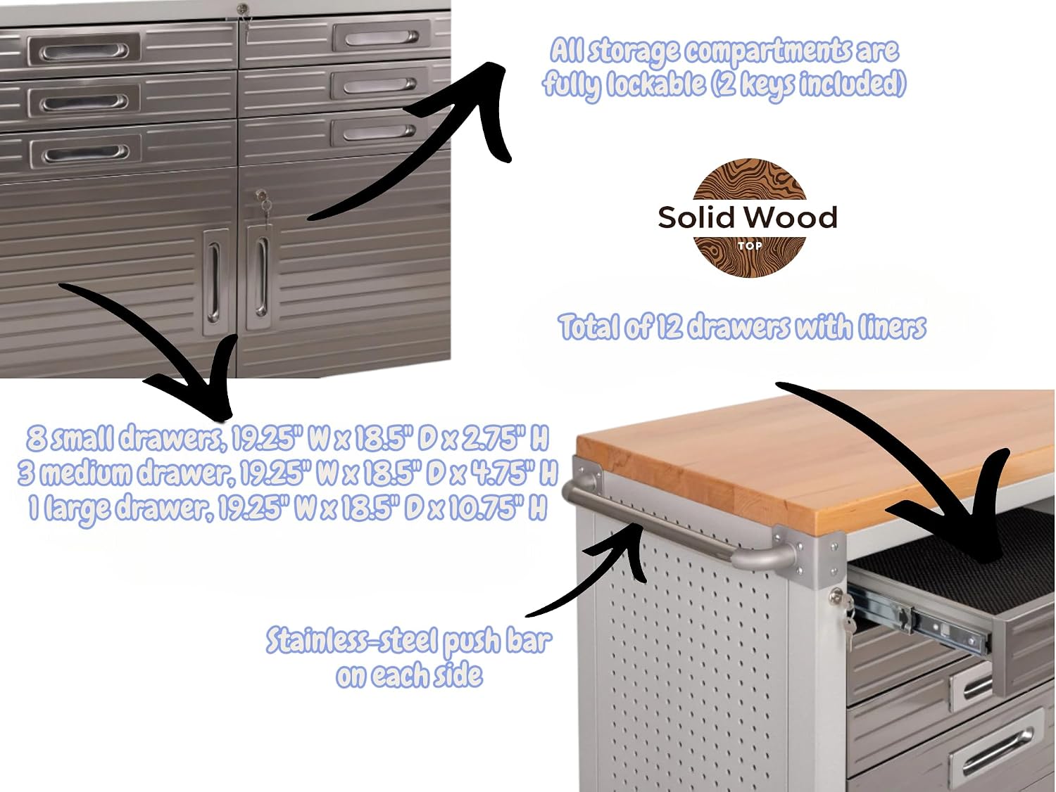 Heavy-Duty Rolling Workbench with Drawers and Cabinet, 77" W x 20" D x 37.5" H, (Red, 11 Drawer)