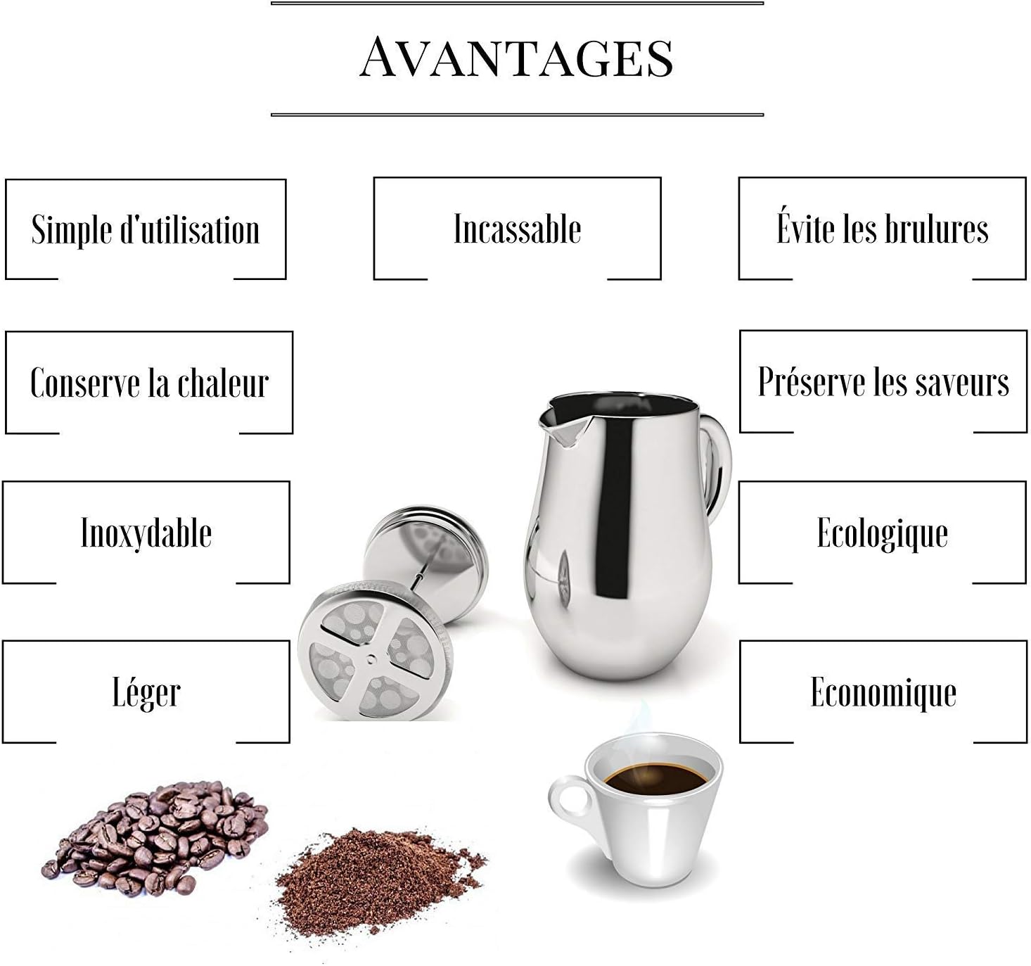 VeoHome - 0.75 litre plunger - Unbreakable and keeps the coffee hot for a long time thanks to its double stainless steel shell