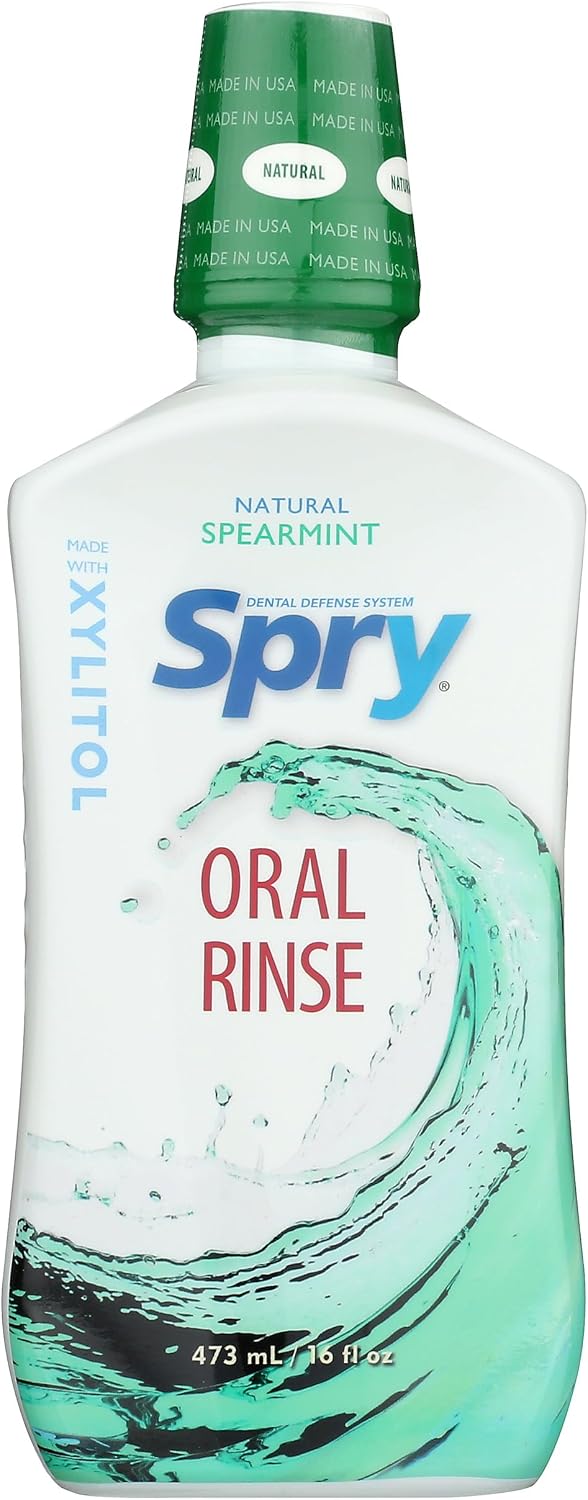 Spry Natural Xylitol Oral Rinse Mouthwash, Spearmint - 16 fl oz (Pack of 1) | Natural, Fluoride Free, Enamel Support, Low Alcohol, Gentle for Sensitive Mouth and Gum, Non-GMO, No Burn