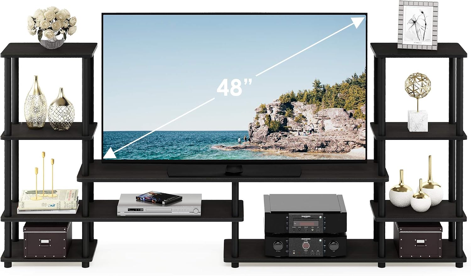 Furinno Nelly TV Stand, 3-Tier Entertainment Center with Open Shelves Storage, TV Console for TV up to 55 Inch, Soft Edges, for Living Room, Bedroom, Black