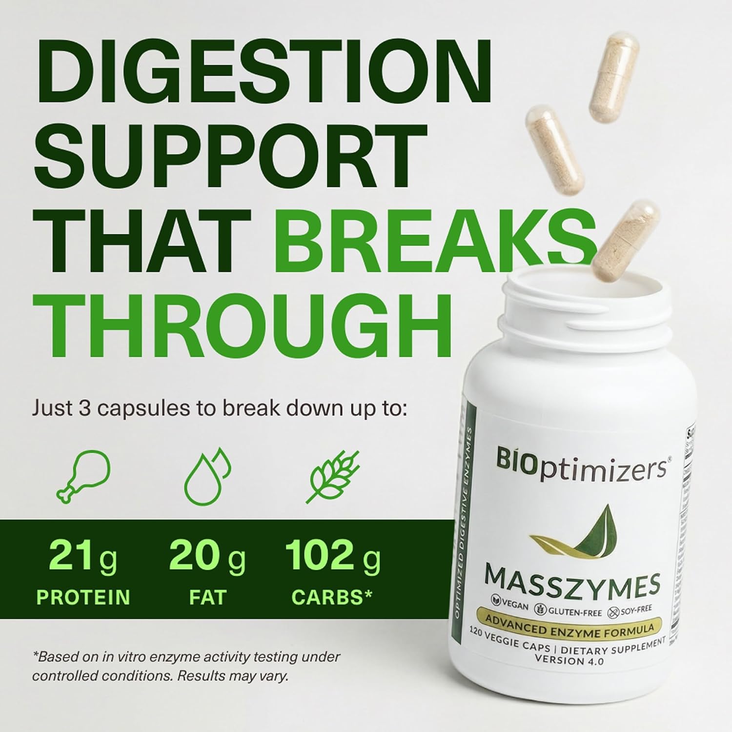 BiOptimizers MassZymes - Complete Digestive Enzymes Supplement for Gut Health - Bloating Relief for Men and Women - Lipase Amylase Bromelain Digestive Enzymes (250 Capsules)