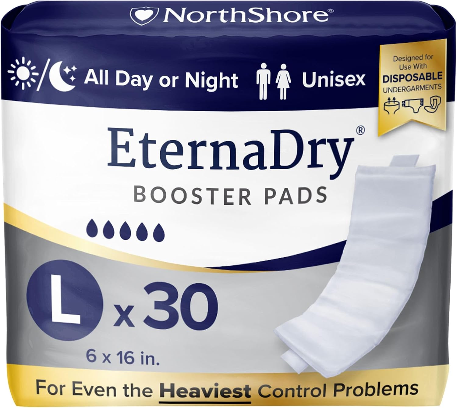 NorthShore EternaDry Booster Pads with Adhesive, Large, 30 Count | Diaper Doublers for Men and Women, Extended Leak Protection, Overnight Heavy Bladder Leaks, Minimize Changes, 6x16 in.