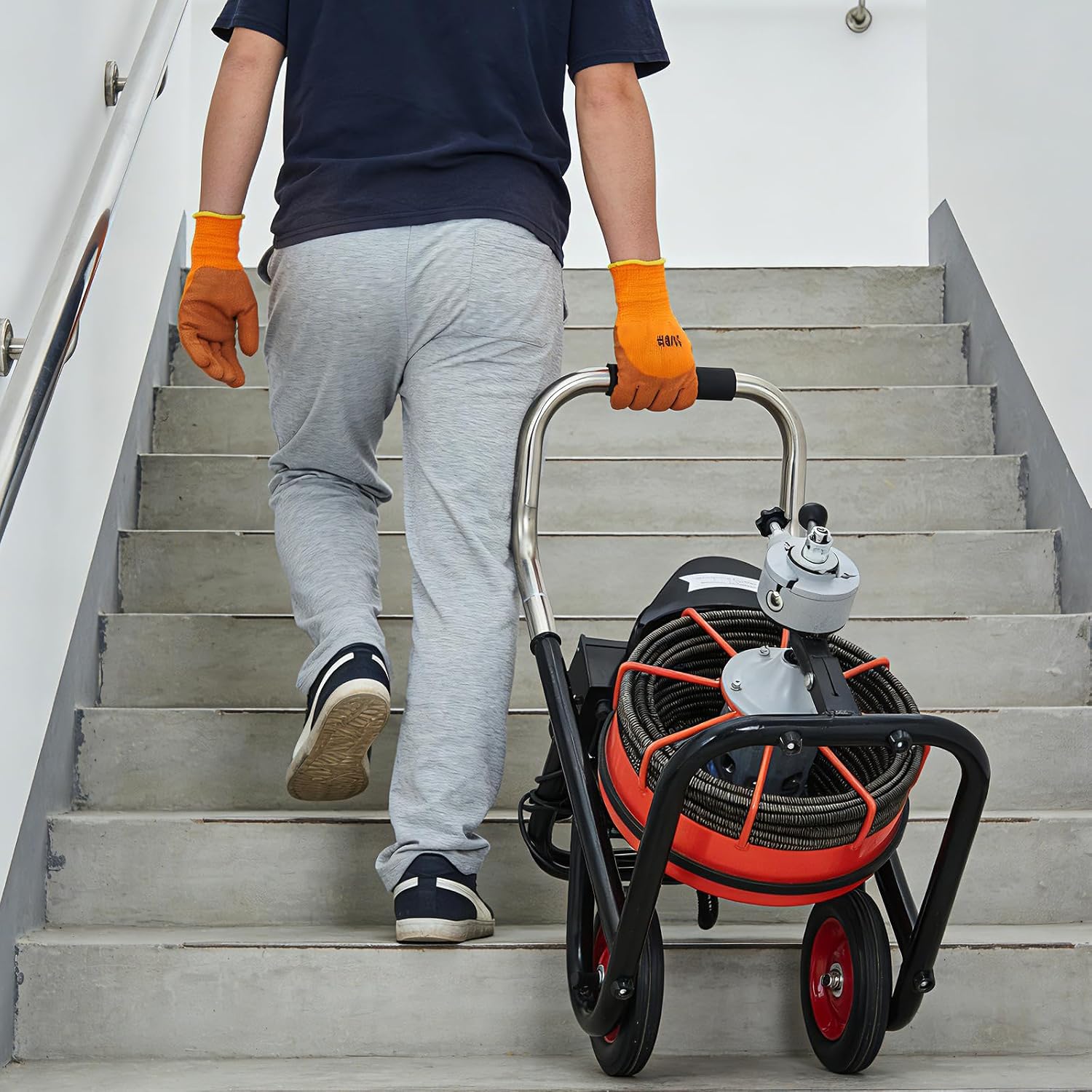 100FT x 3/8 Inch Drain Cleaning Machine with 10 Cutters & Air-Activated Foot Switch, Auto Feed Drain Snake Auger on Wheels