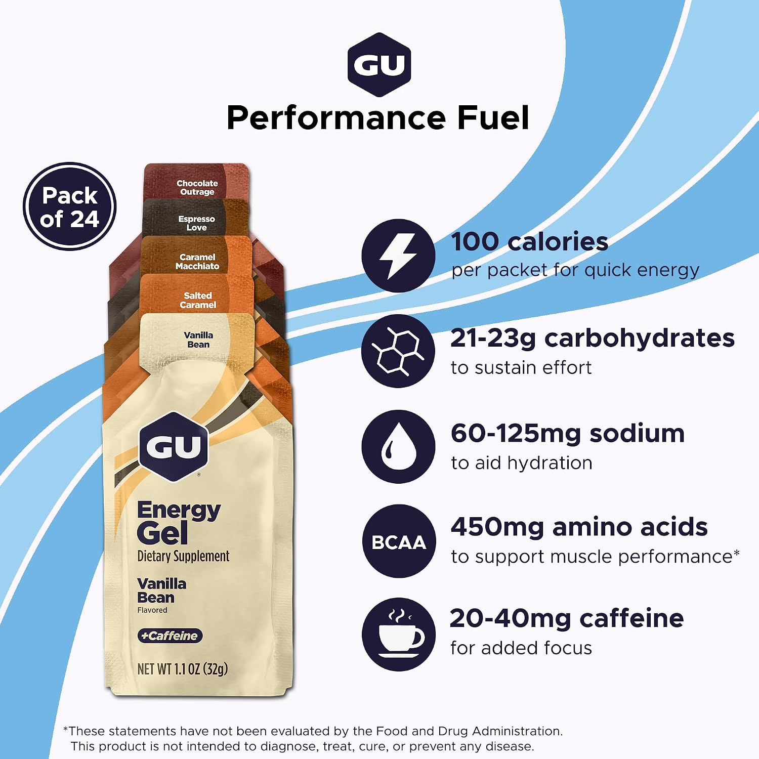 GU Energy Original Sports Nutrition Energy Gel, Vegan and Dairy-Free On-the-Go Energy for Any Workout, Vanilla Bean, 8-Count