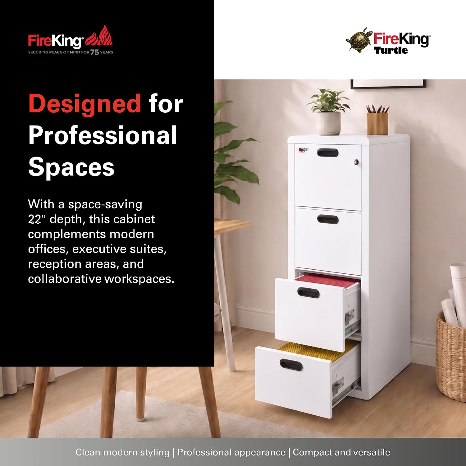 FireKing Turtle Vertical 2 Drawer Fire Rated File Cabinet, Black | 1 Hour Fire Rated Filing Cabinet - UL Class 350 - Water Resistant - Key Lock - Made in USA