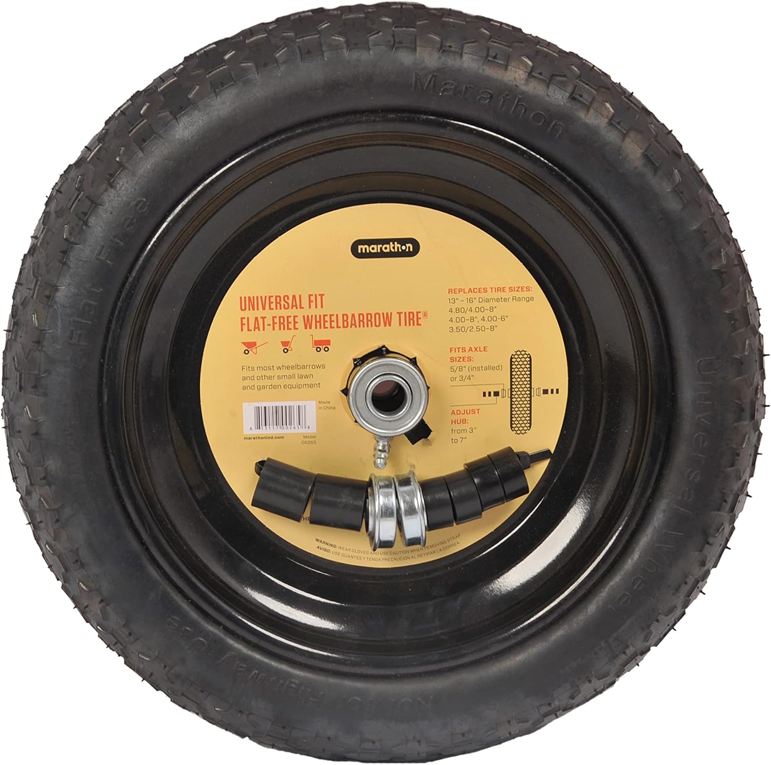 Universal Fit, Flat Free Wheelbarrow Tire and Wheel Assembly with Adapter Kit, black