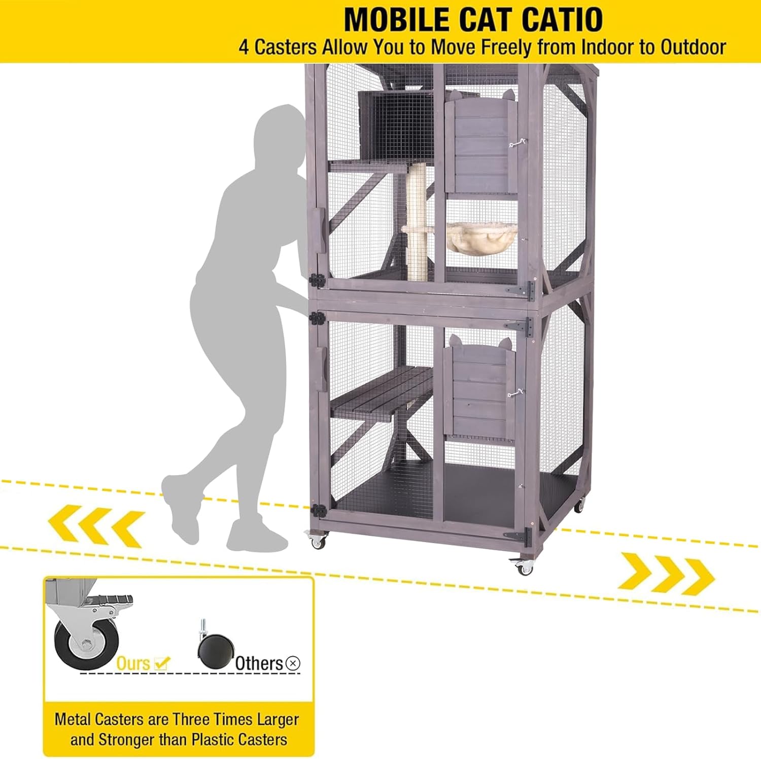 Aivituvin Cat House Outdoor Cat Catio Wooden Large Enclosure with Run on Wheels 70.9" Upgraded Version Catio with Reinforcement Strip