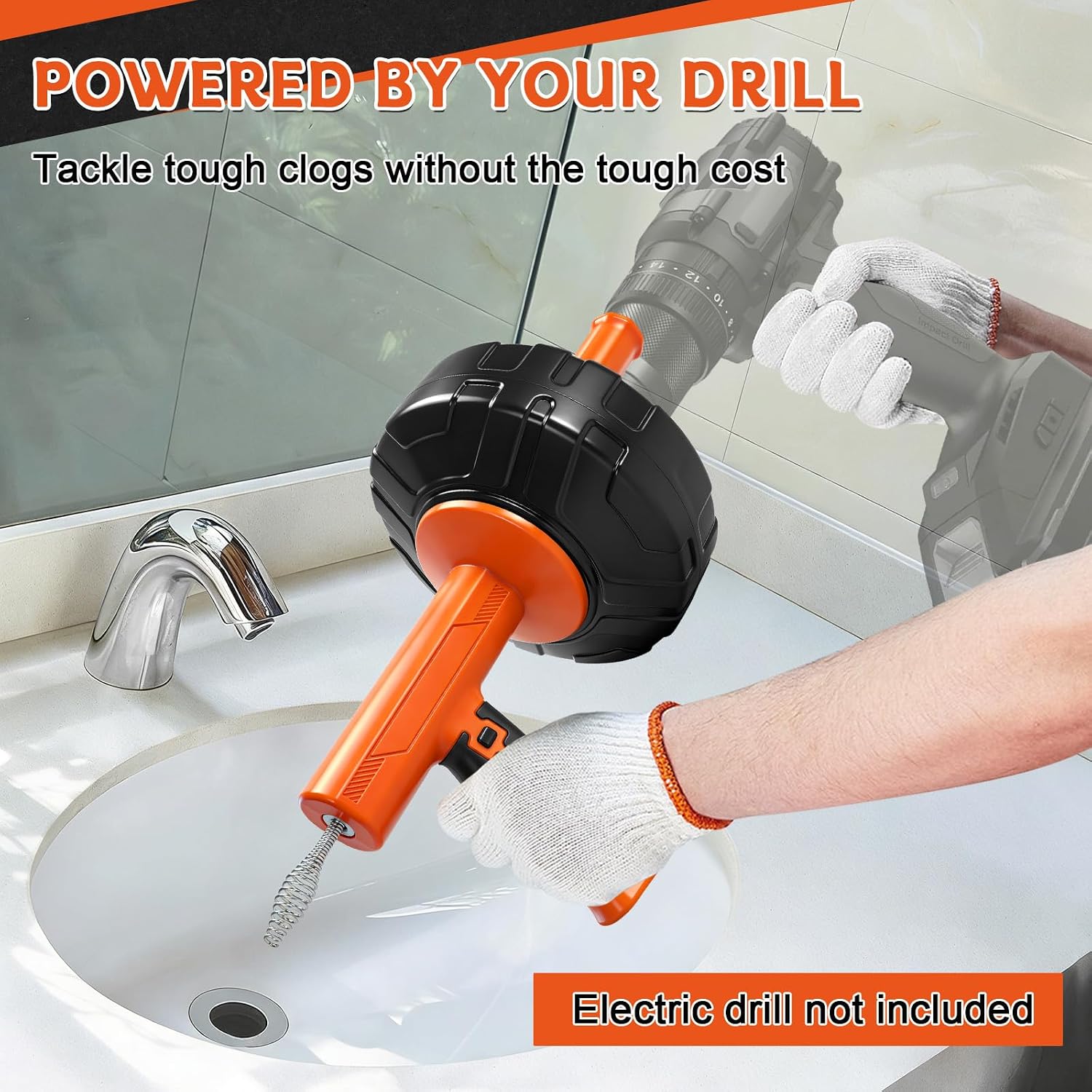 45 FT Drain Snake Auger Manual & Drill Powered Auto Retract | Drill Attachment Adapter, Automatic Feed & Retract Cable