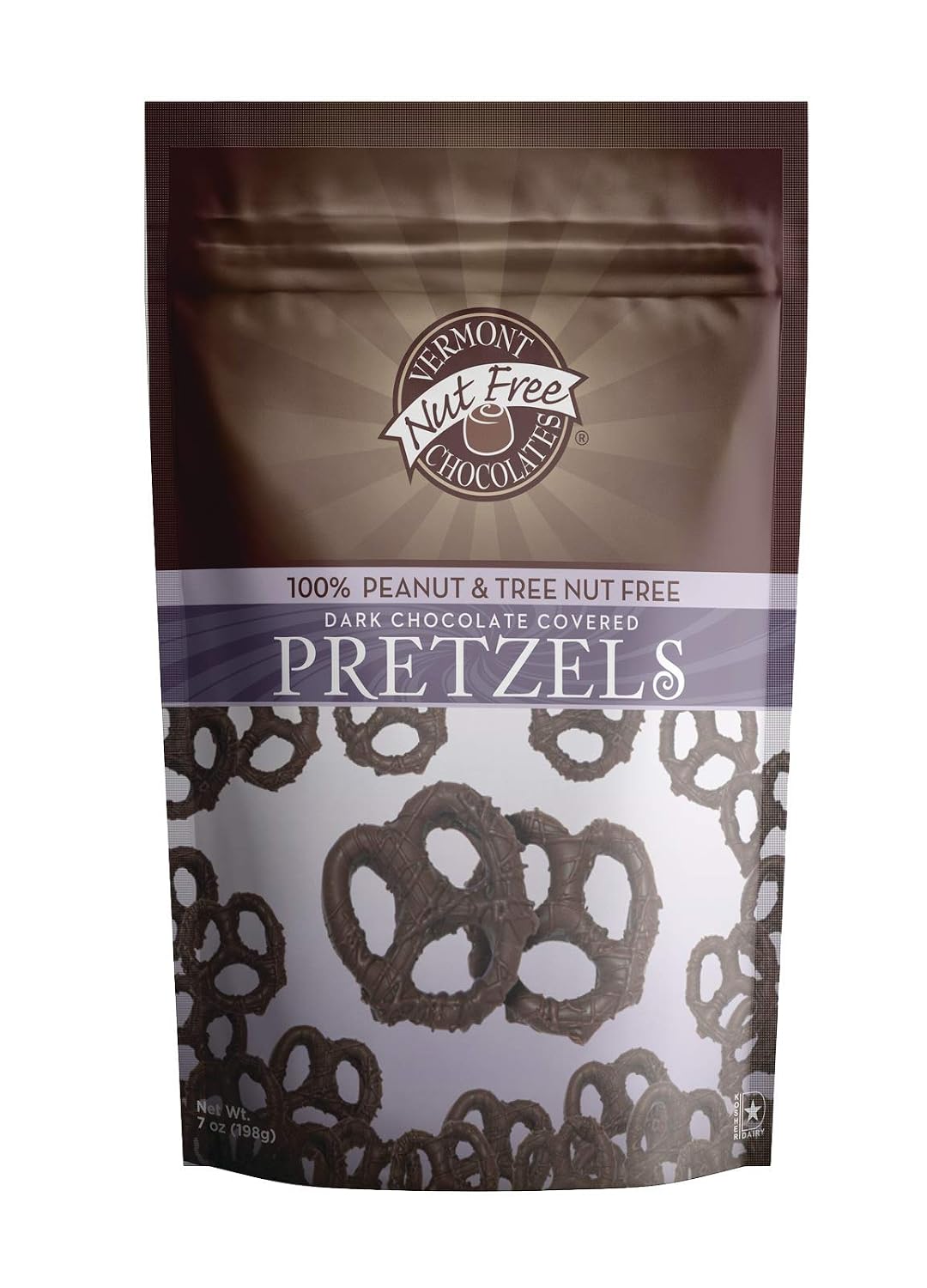 Vermont Nut Free Chocolates Dark Chocolate Covered Mini Twist Pretzels | 7 Ounce Bag, Peanut And Tree Nut Free, Egg-Free, Kosher Certified, Allergy Friendly, Safe for School Snacks