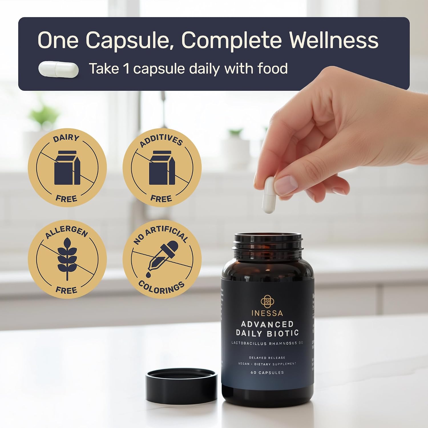 Inessa Daily Biotic Probiotics - Lactobacillus Rhamnosus GG, 60 Capsules | The most researched strain there is