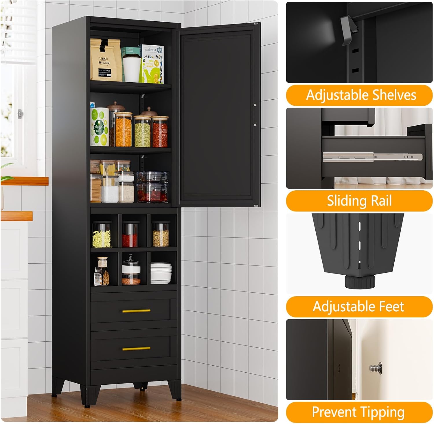 Ckzbx Tall Narrow Storage Cabinet 66.93" H Tall Bathroom Cabinet Metal Pantry Cabinets, 4 Adjustable Shelves for Kitchen, Home Office, Living Room, Dinning Room (20 inches Wide White)