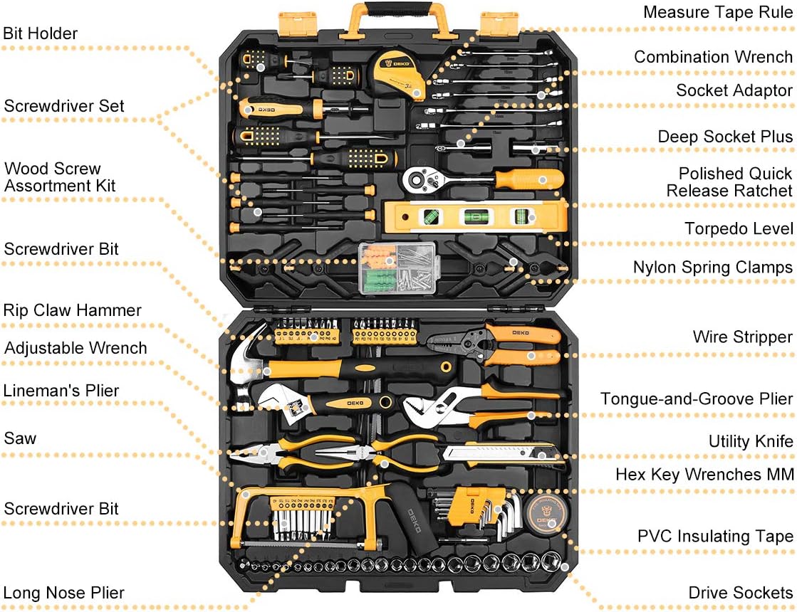 DEKOPRO 228 Piece Socket Wrench Auto Repair Tool Combination Package Mixed Tool Set Hand Tool Kit with Plastic Toolbox Storage Case