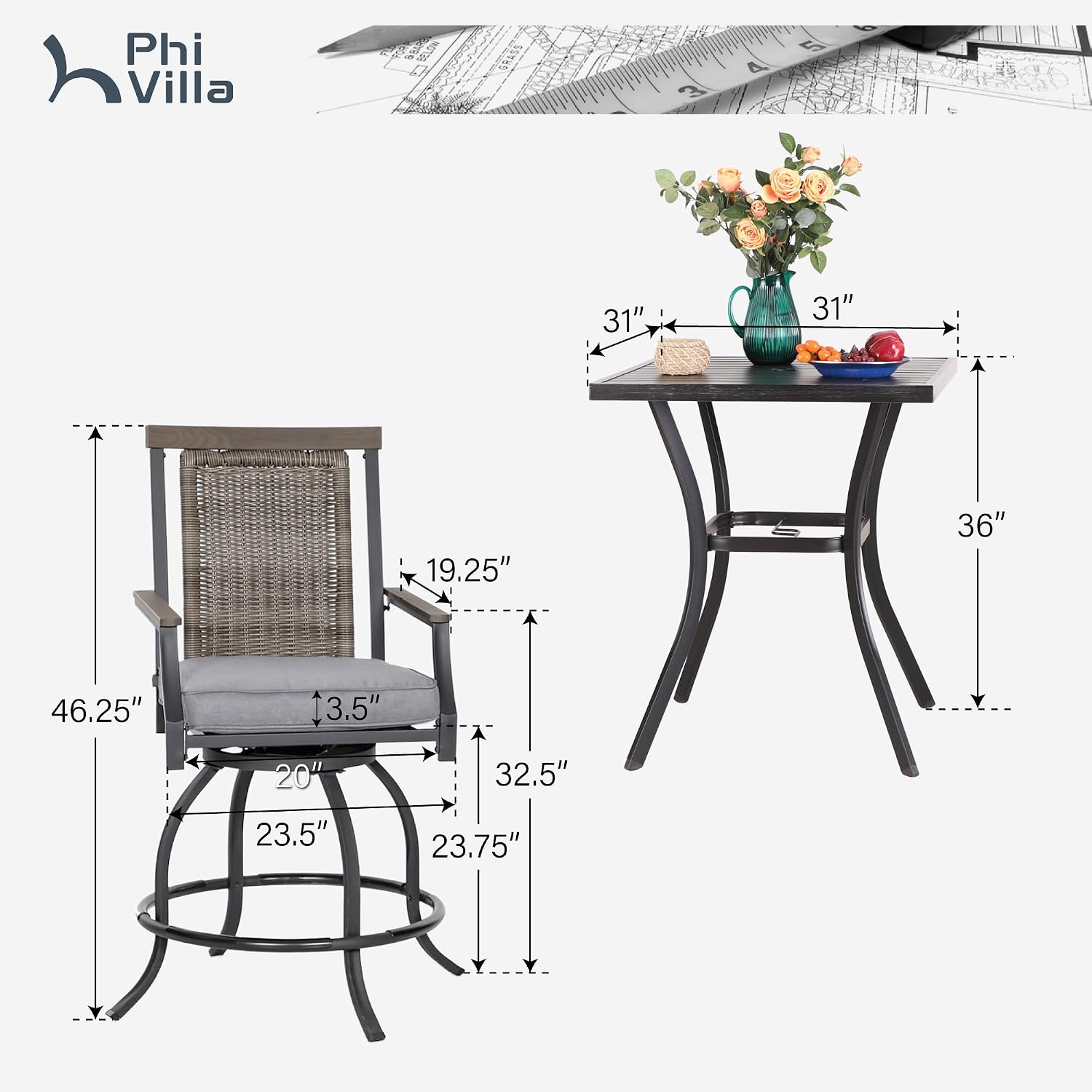 PHI VILLA Outdoor Bar Set 3 PCS Patio Bistro Table & Swivel Stools