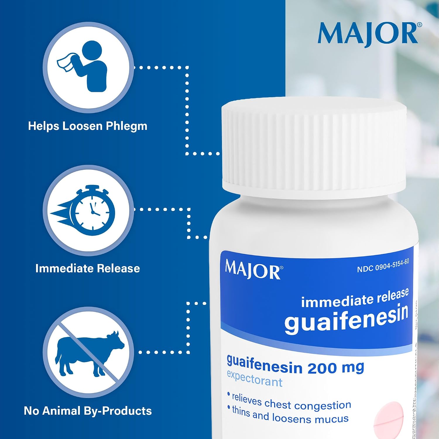 MAJOR Immediate Release Guaifenesin - Relieves Chest Congestion, Thins and Loosens Mucus - 200 mg - 100 Tablets (1 Pack)
