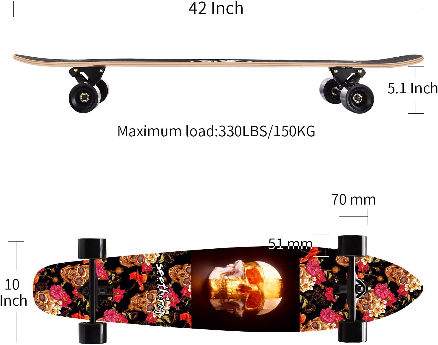 seething 42 Inch Longboard Skateboard Complete Cruiser Pintail, The Original Artisan Maple Skateboard Cruiser Pintail for Cruising, Carving