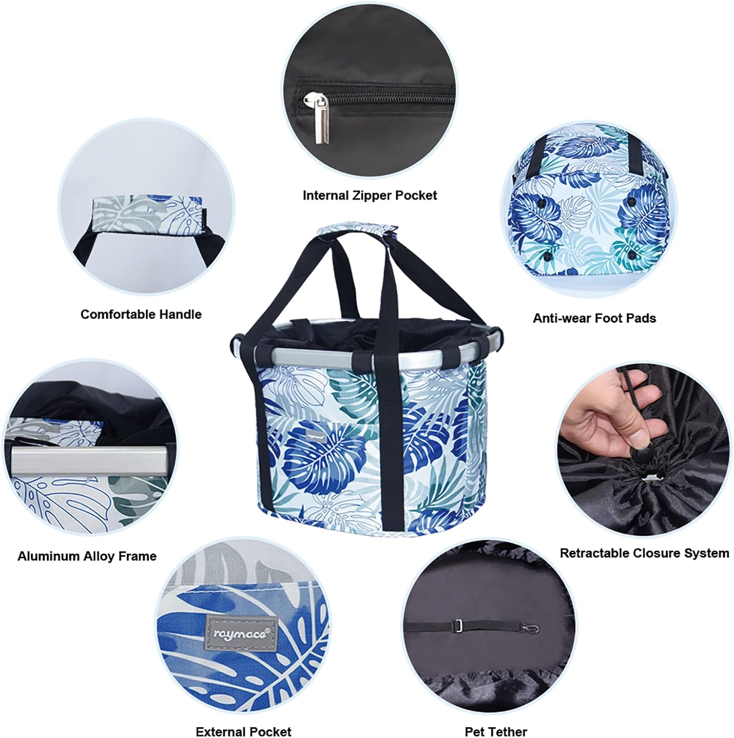 RAYMACE Bicycle Basket Dog Bike Handlebar Basket Front,Folding Detachable Quick Release Easy Install,Cycling Picnic Bag