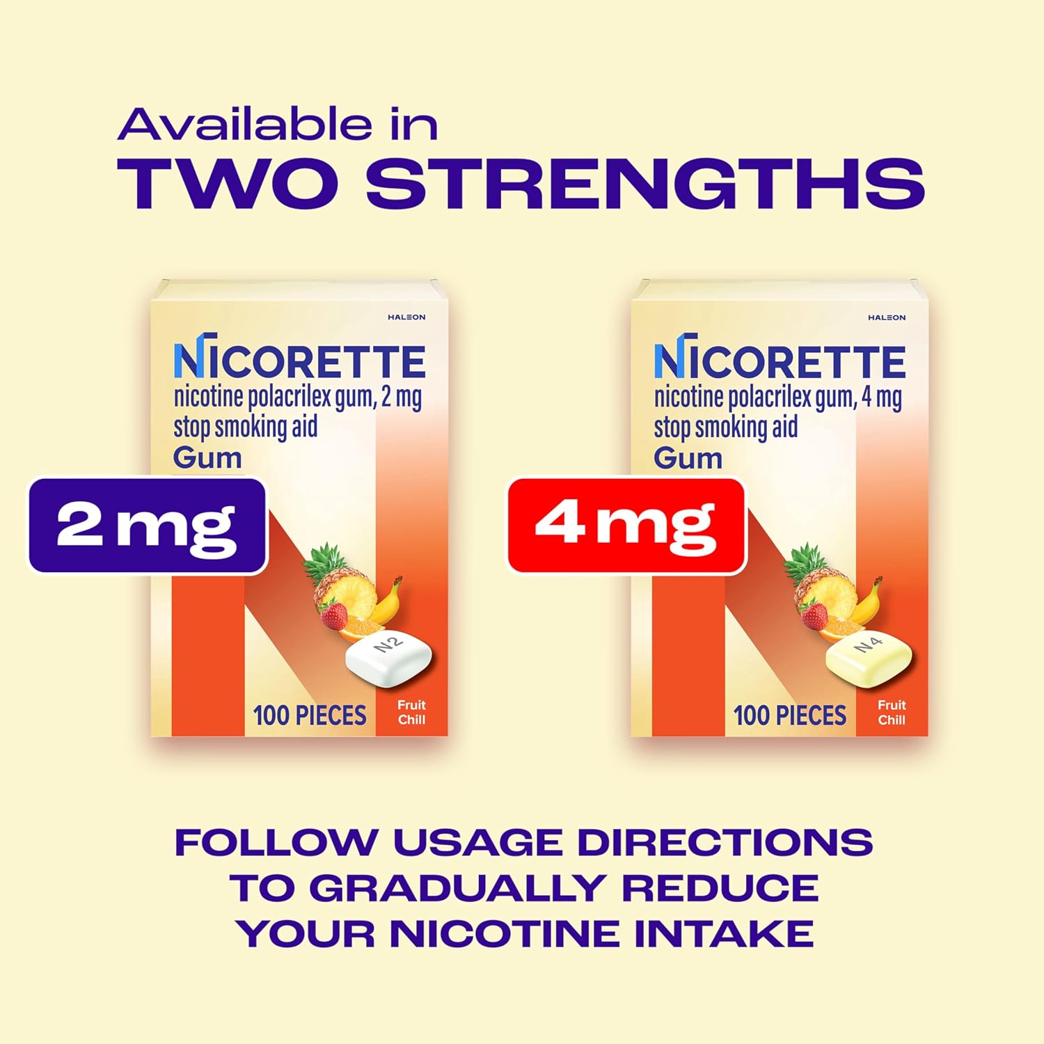 Nicorette Nicotine Gum 4mg, Quit Smoking Aid, Fruit Chill Flavor, 20 Count | Reduces Nicotine Cravings and Withdrawal Symptoms, Intense Craving Relief, Portable Smoking Cessation Gum