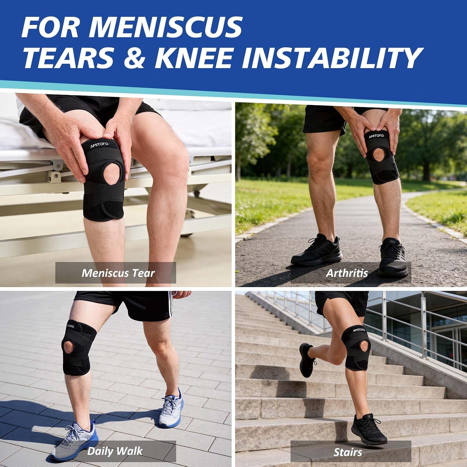 Knee Brace for Meniscus Tear, Spring Stabilizers for ACL MCL Black | Patella Gel Pad, Adjustable Medium Support Brace for Men and Women