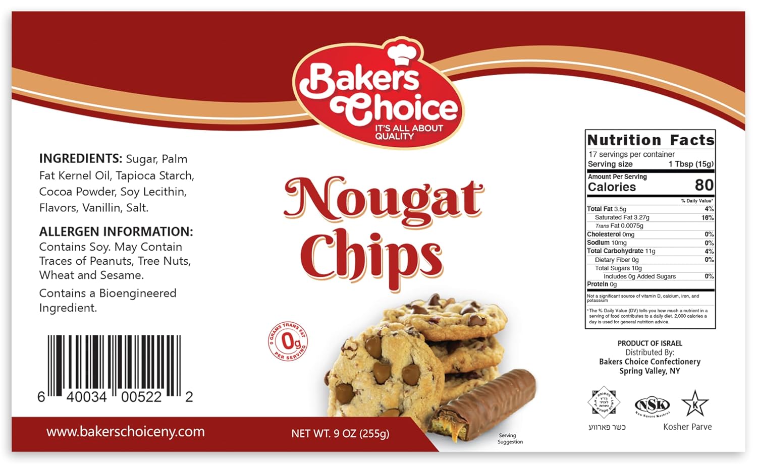 Nougat Flavored Chocolate Chips Non Dairy, Kosher 9 Ounce. Baker’s Choice