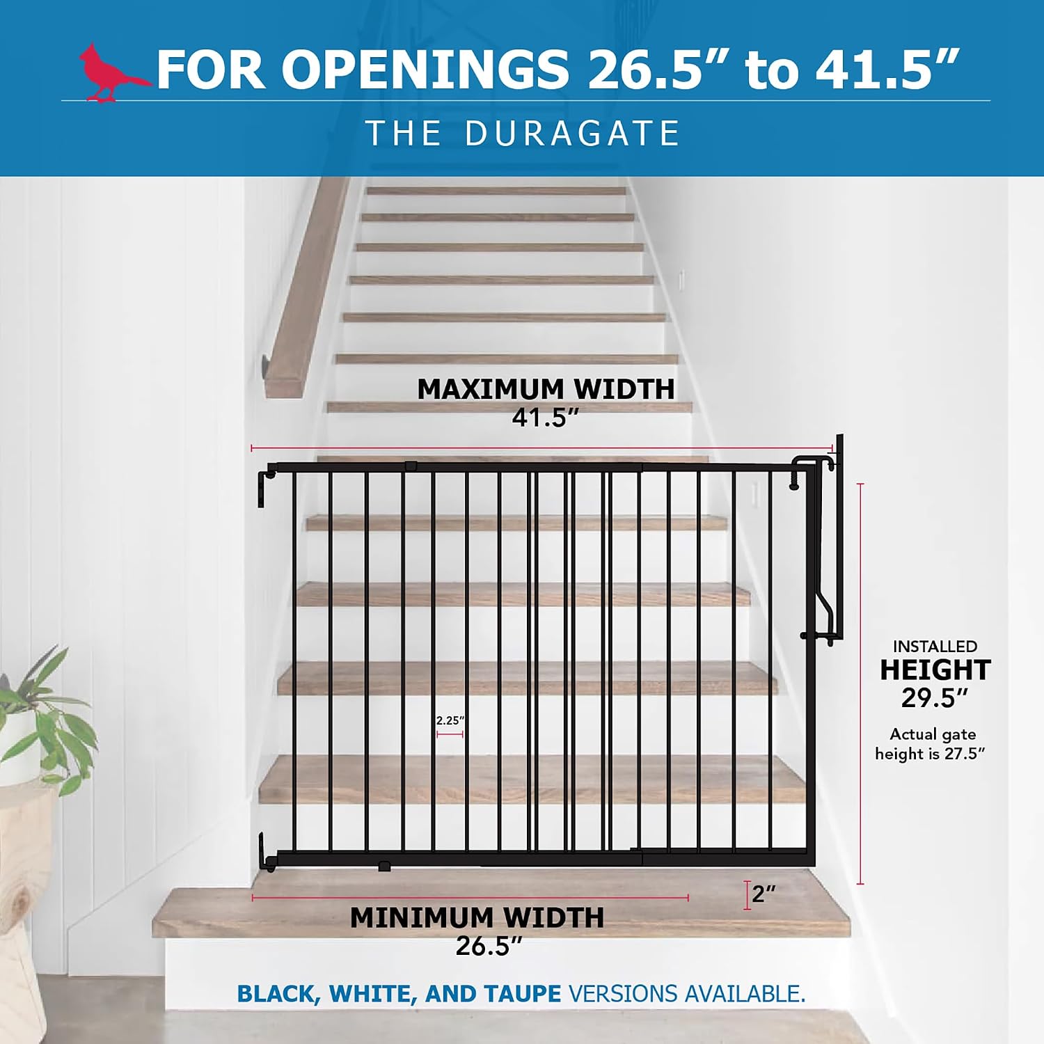 Cardinal Gates MG25 Duragate Baby and Pet Gate, 26.5-41.5 in, Black | Steel hardware-mounted gate for children and pets. One-hand latch, two-way swing, and angle-capable installation.
