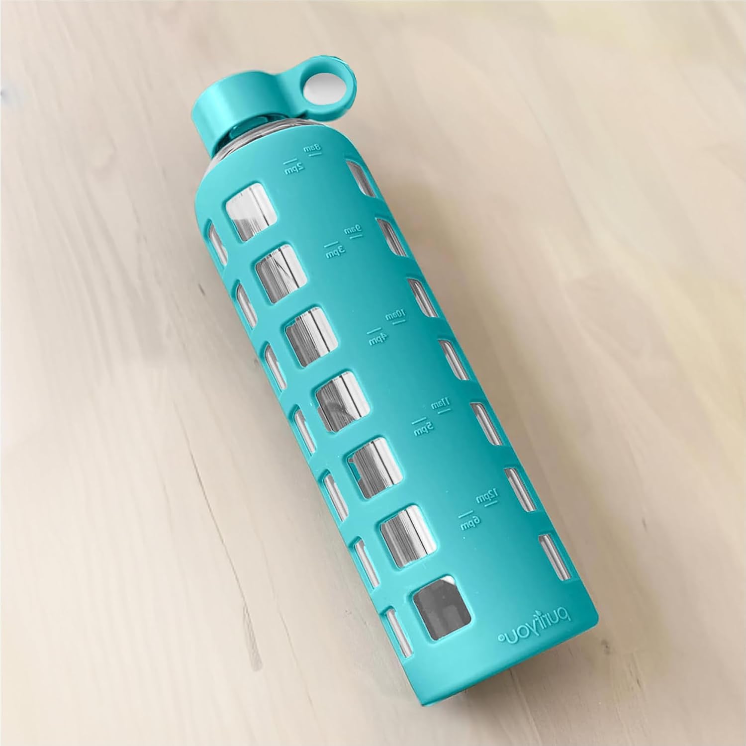 purifyou 40oz / 32oz / 22oz / 12oz Borosilicate Glass Water Bottle with Time & Volume Markers, Silicone Sleeve
