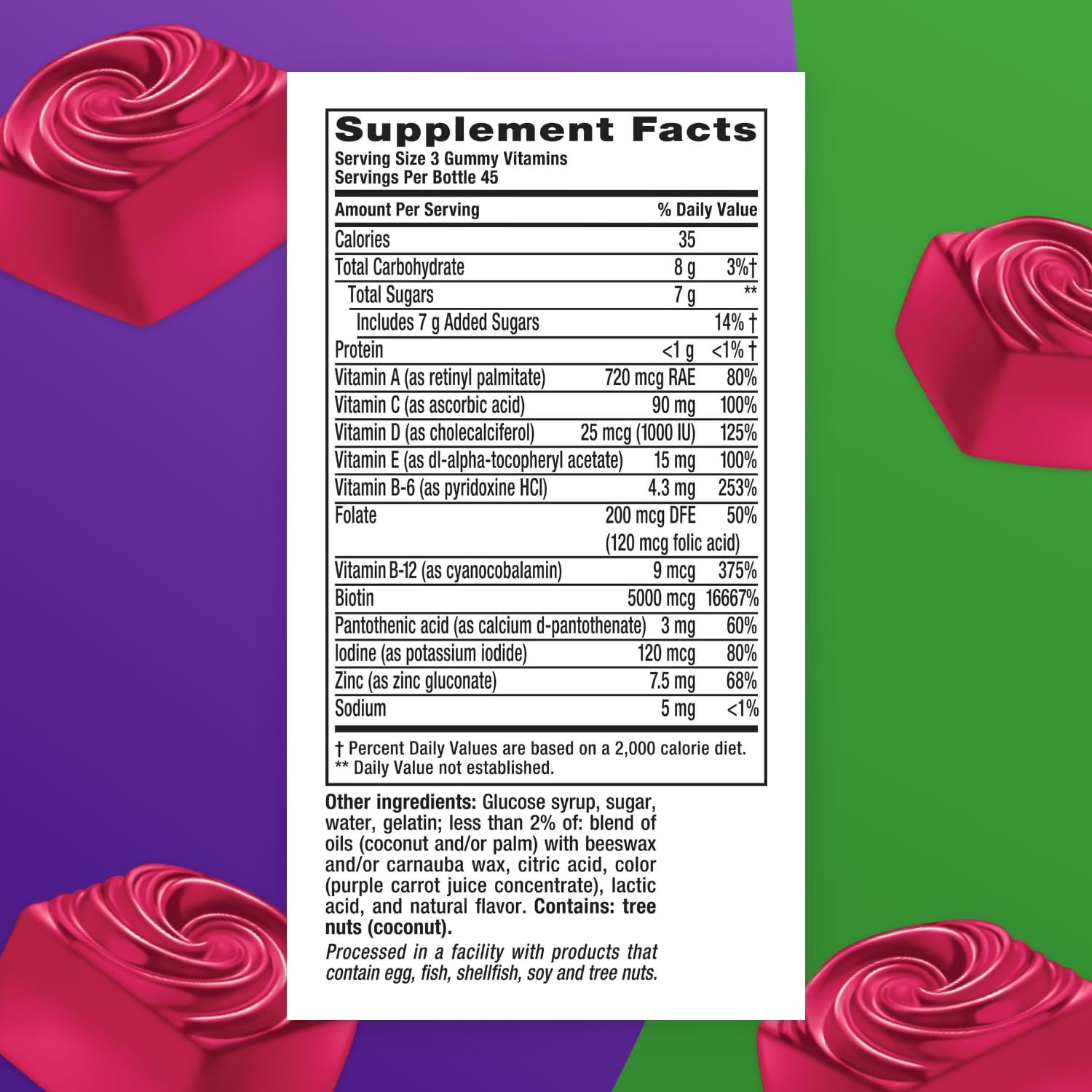 Vitafusion Hair Skin and Nails Gummies | Biotin 5000mcg | 100 Count | Gummy Vitamins for Adult Women & Men | Berry Flavor | Gluten-Free Multivitamin Supplement