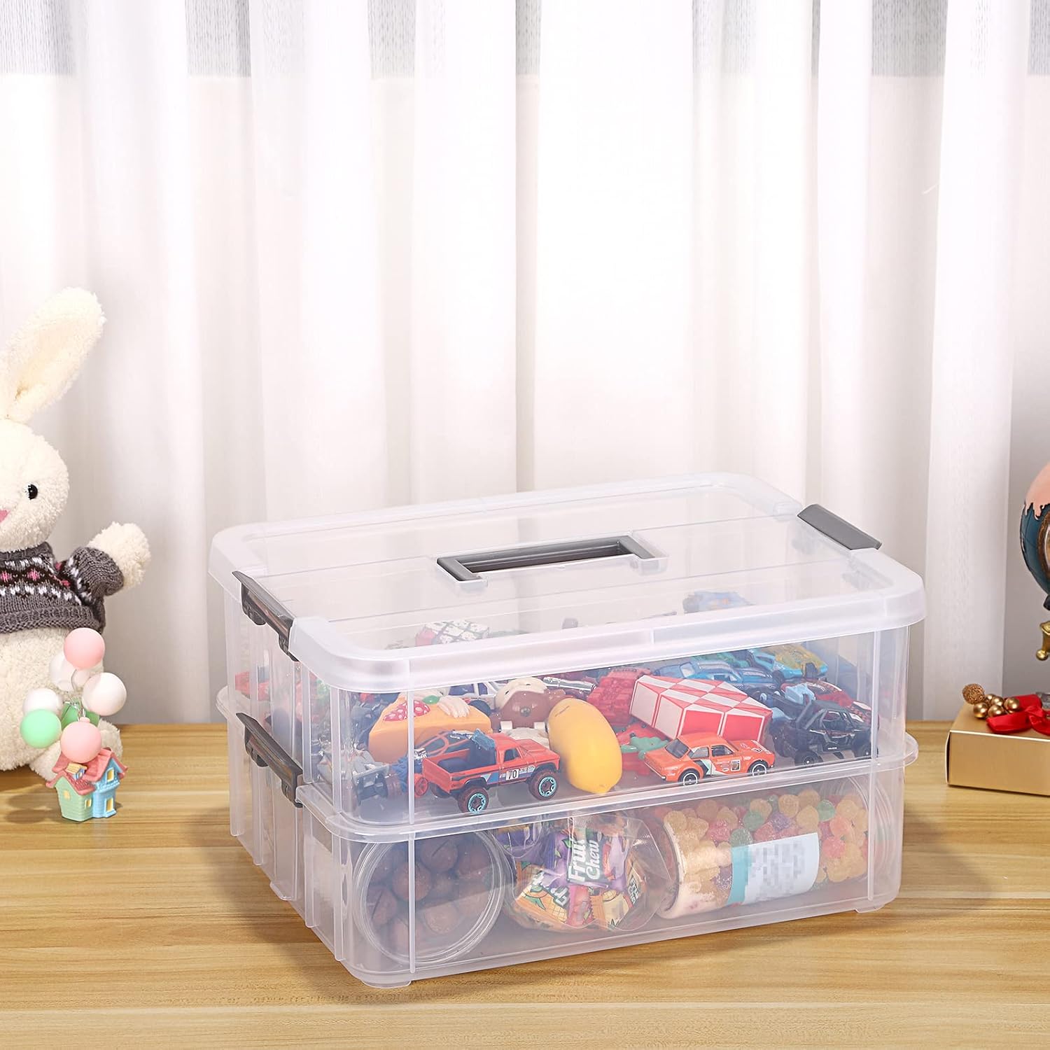 JUXYES 2-Tiers Plastic Stack Carry Storage Containers Box wih Handle Lids