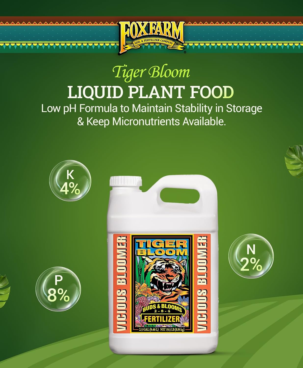 FoxFarm Tiger Bloom Liquid Plant Food - Phosphorus Fertilizer for Buds, Blooms & Flowering - Supports Soil & Hydroponic Systems - High Micronutrient Formula with 2-8-4 Nutrient Ratio - 1 Quart