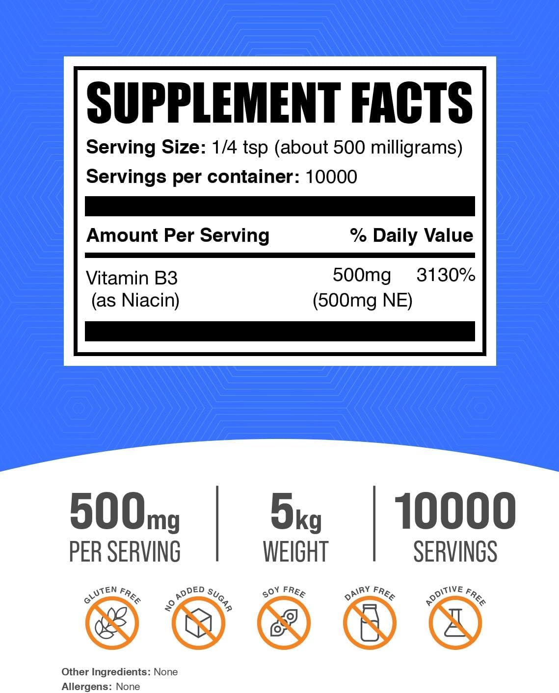 BulkSupplements.com Niacin Powder - Vitamin B3 Supplement, Niacin Flush - Gluten Free, 500mg per Serving, 250g (8.8 oz) (Pack of 1)
