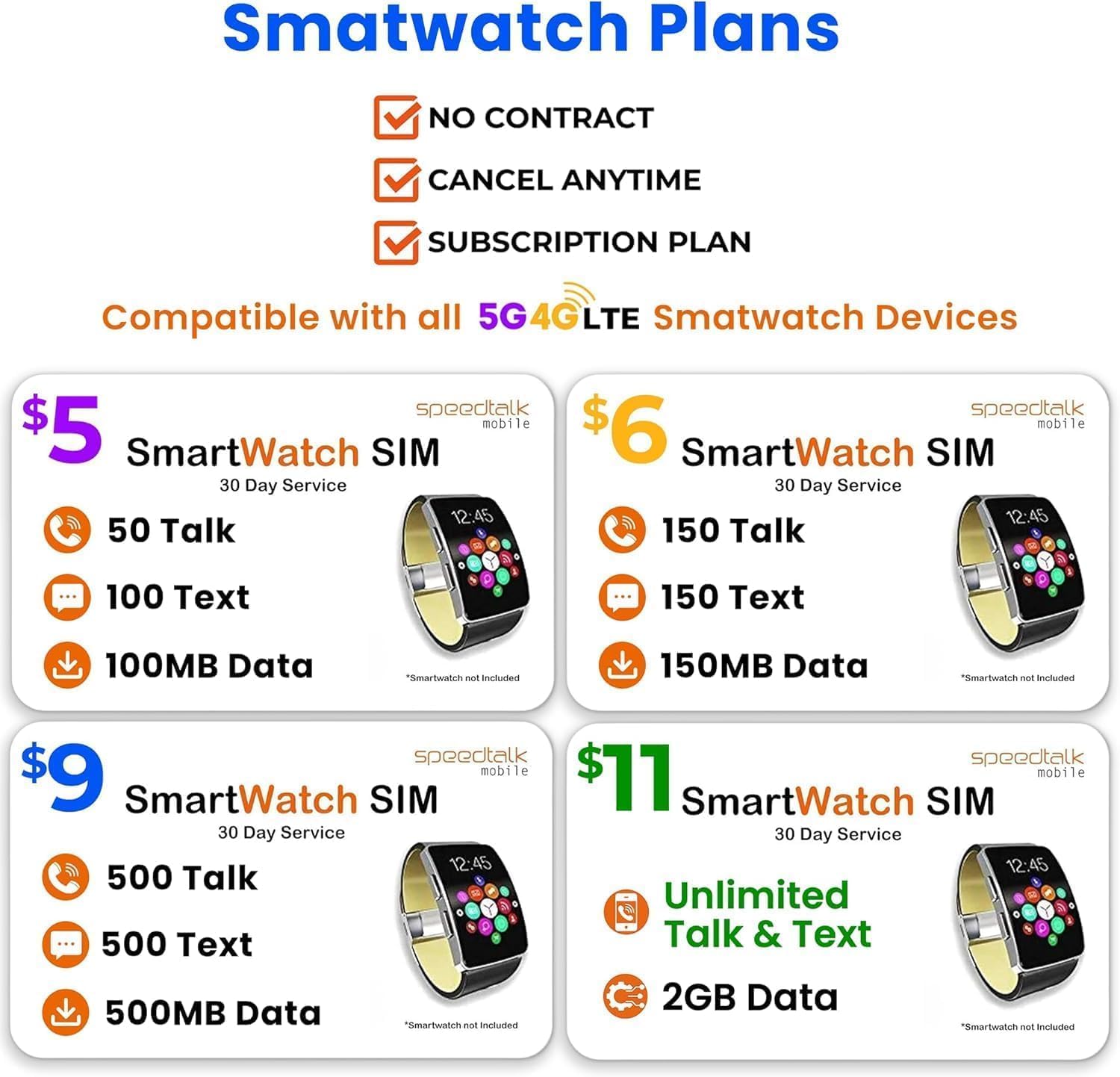 SpeedTalk Mobile $5 Preloaded SIM Card Kit for Kids Smart Watch GPS & Activity Tracking | 3 in 1 Simcard - Standard, Micro, Nano | Children GSM 5G 4G LTE Smartwatches Wearables | 30 Days Service Plan