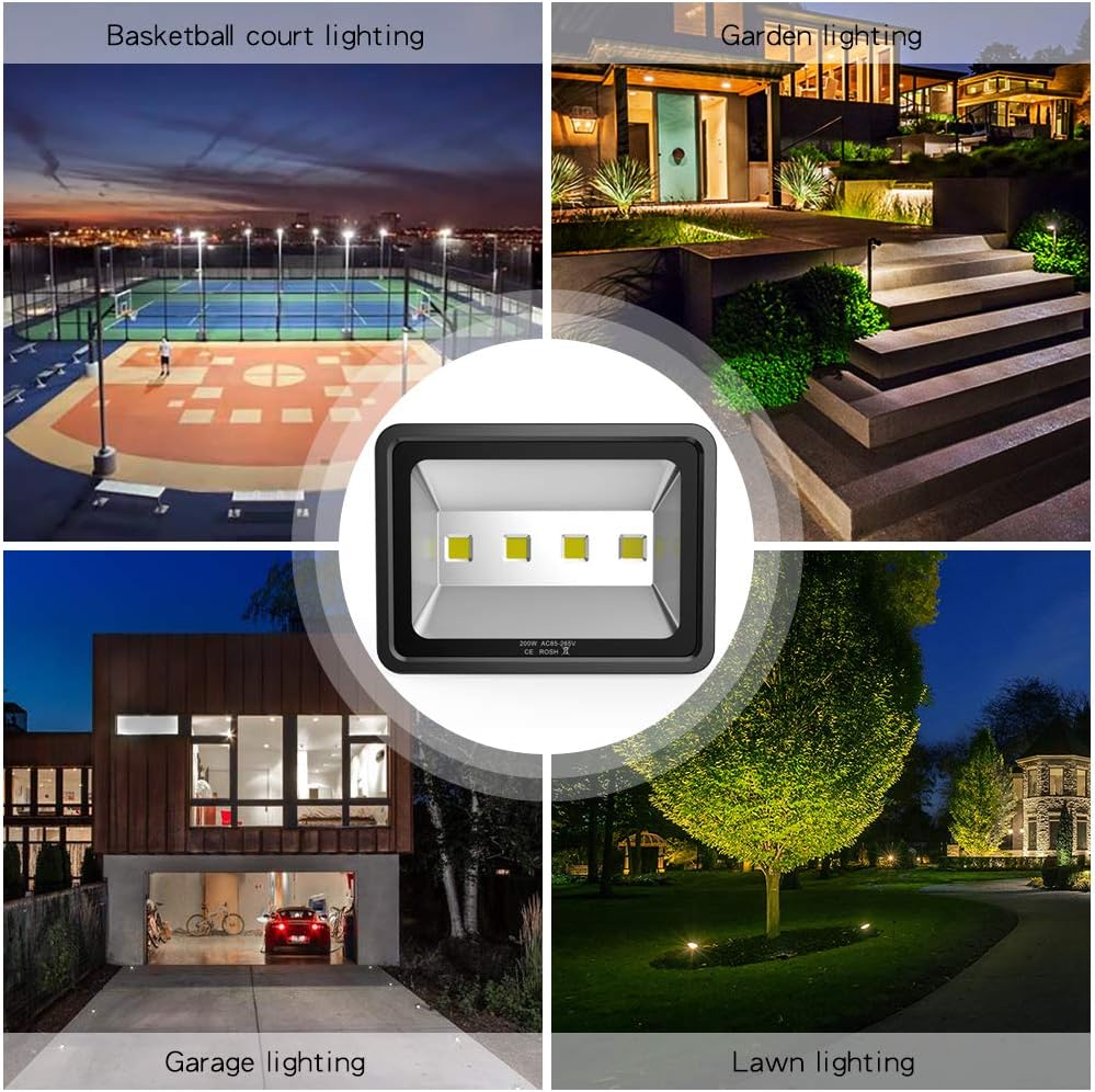200W LED Flood Lights Outdoor, 110-285V, 20000LM Super Bright Security Light Fixture, IP66 Waterproof 6000K Daylight White，Landscape Commercial Industrial Lighting Fixtures