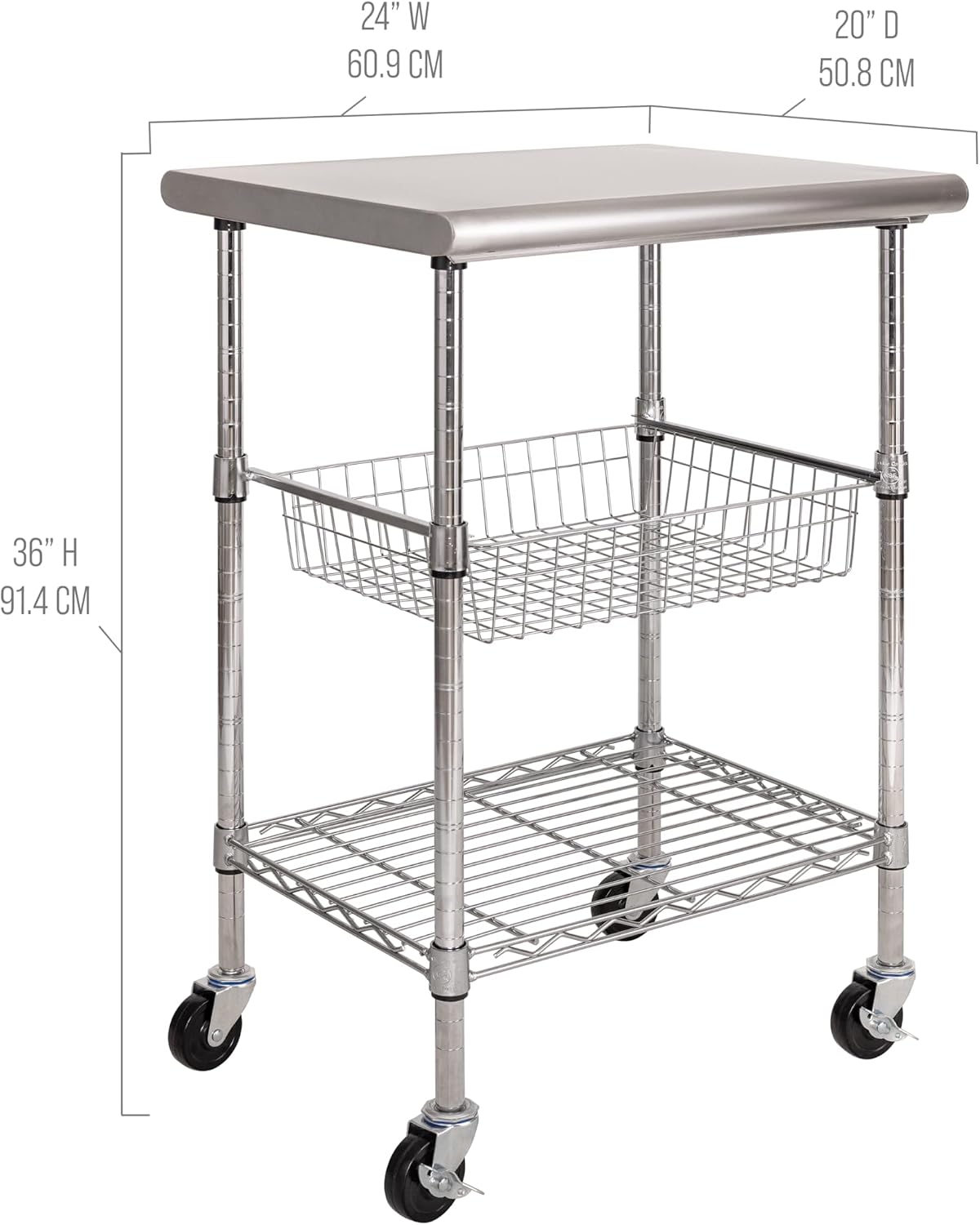 Stainless-Steel Commercial-Grade NSF-Certified Prep Table Cart, 24"W x 20"D | Heavy-duty durable utility workstation supports up to 450 lb w/ adjustable wire shelf and sliding basket on locking wheels