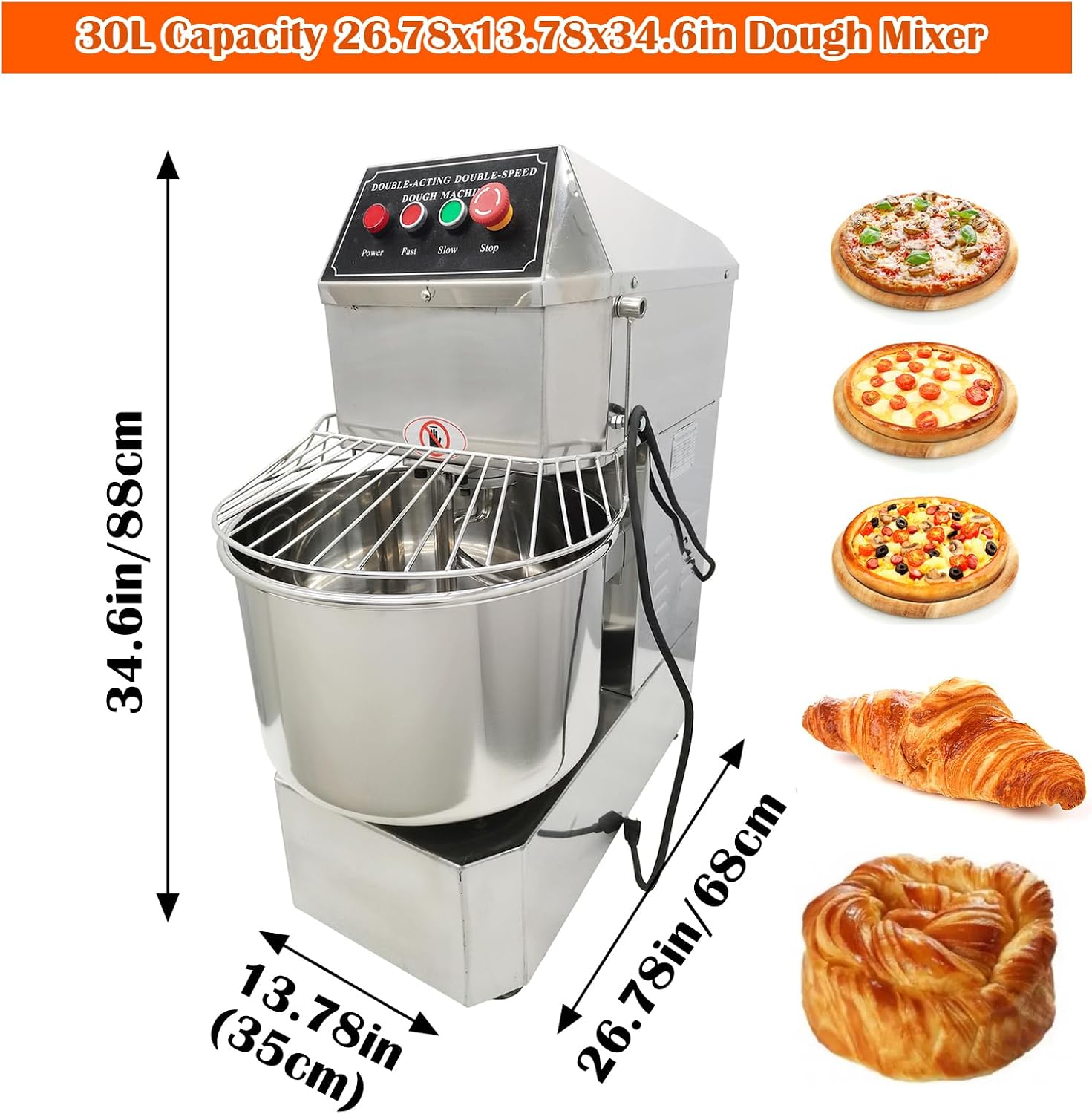 INTBUYING 30 QT Stand Dough Mixer 7.5 Gallon Double Action Spiral Stand Mixer with Double-Speed