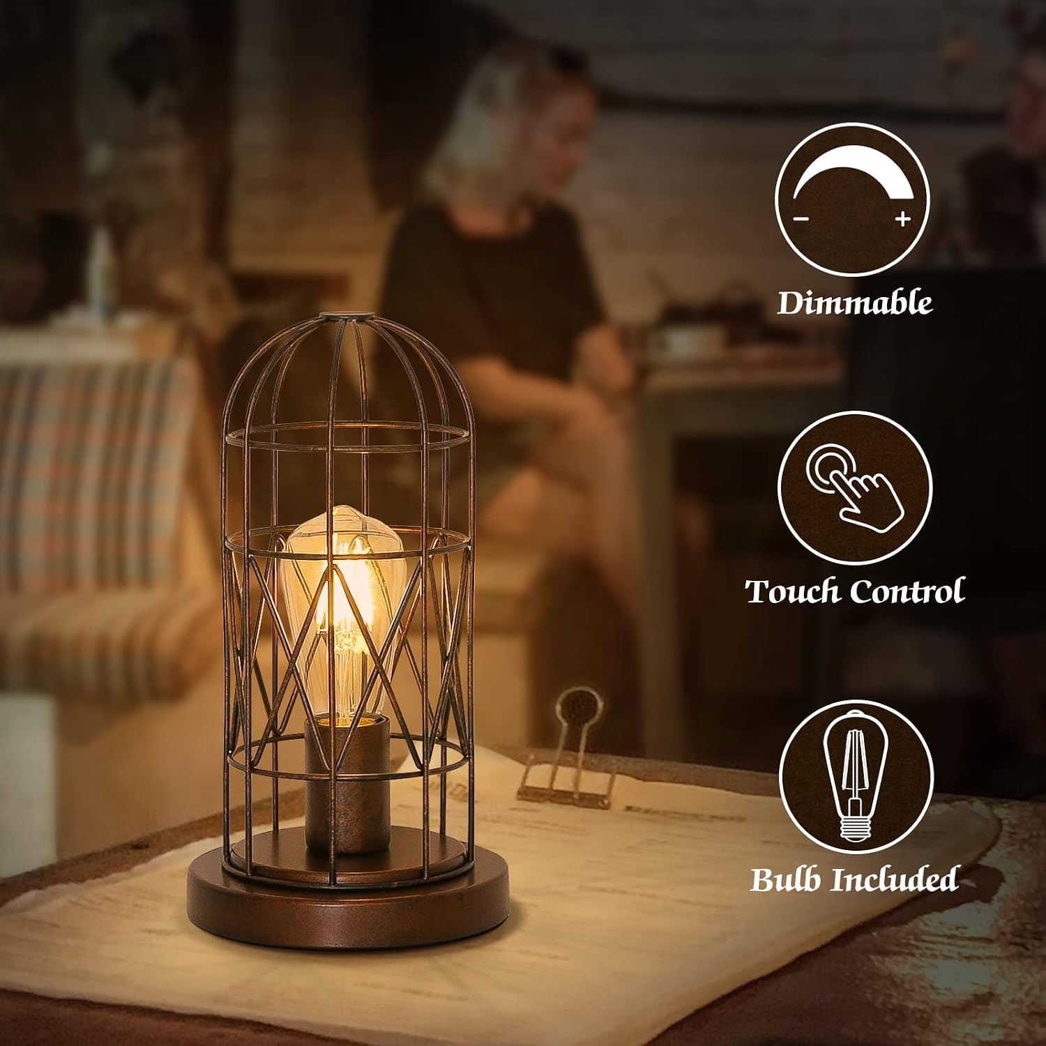 Touch Control Table Lamp, 3 Way Dimmable Lamp, Industrial Bedside Lamp