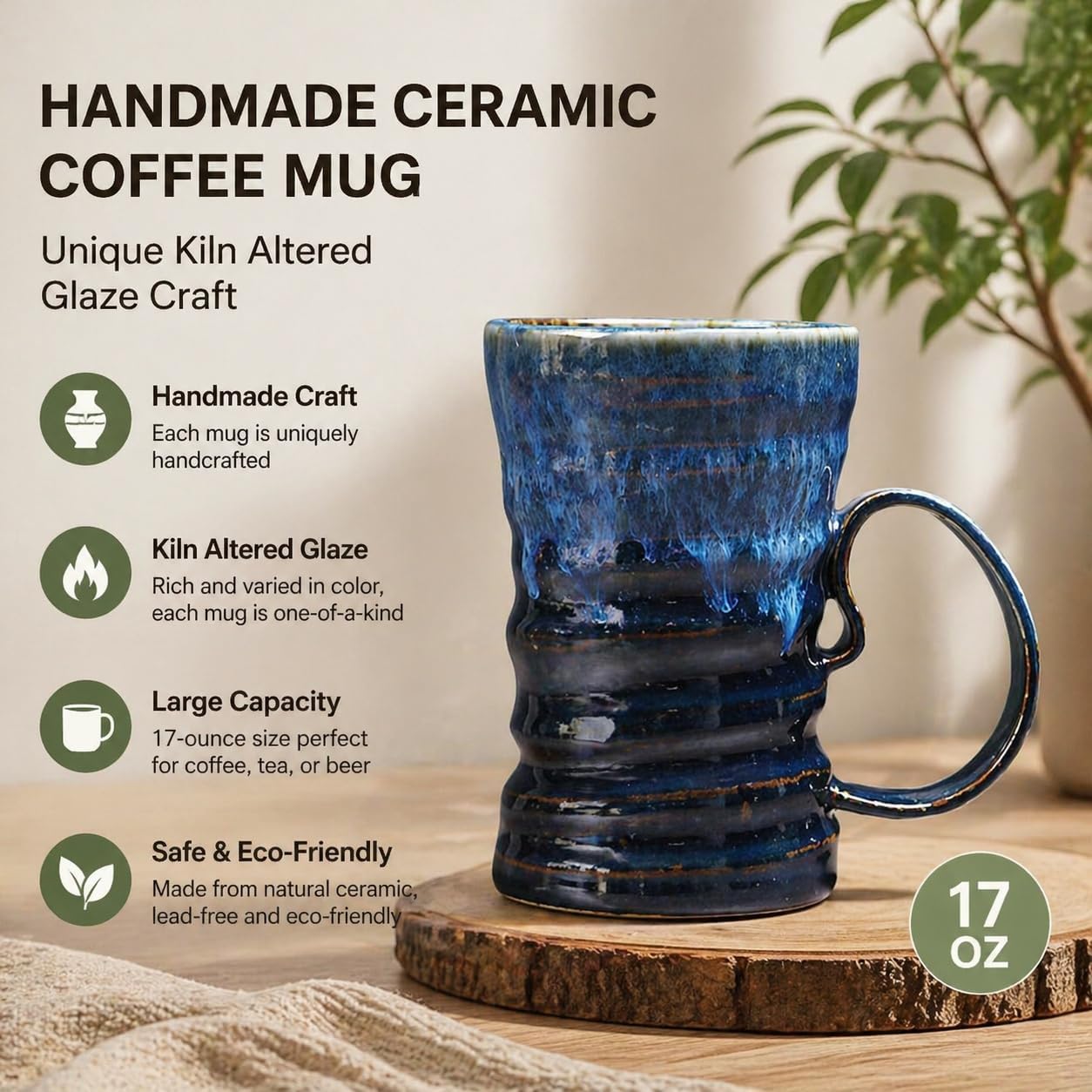 17oz Large Unique Cool Tall Handmade Ceramic Coffee Mug with Comfortable Big handle, Big Pottery Tea Mug, Artisanal Stoneware Coffee cup