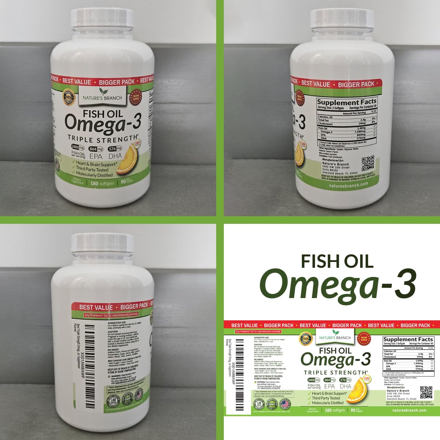 Triple Strength Omega 3 Fish Oil for Heart Health, Brain & Eyes – Burpless | High EPA & DHA Fish Oil for Men & Women, Lemon Flavor, Third Party Tested, Omega 3 Supplements for Joints – 120 Capsules