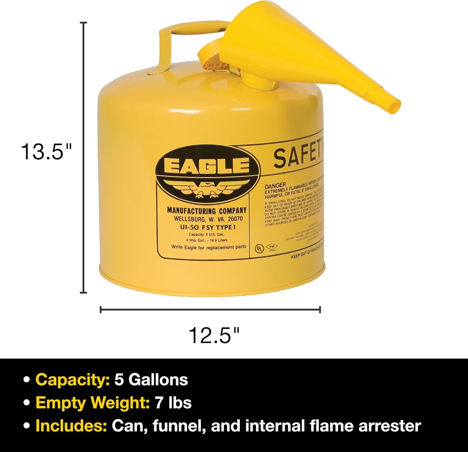 Eagle 5 Gallon Type I Yellow Safety Gas Can for Diesel | Flame Arrester, Self-Closing Lid, and F-15 Funnel, Made in the USA
