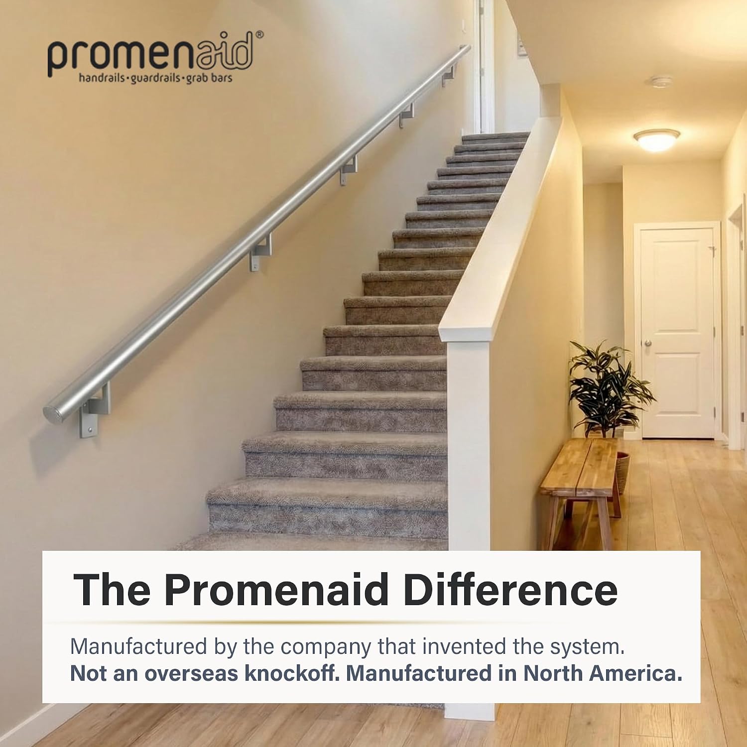 Promenaid Silver 3ft Flush Handrail Kit - Complete Indoor/Outdoor Stair Handrail - Modern 1.6" Round Satin-Anodized Aluminum Railing with 2 Silver